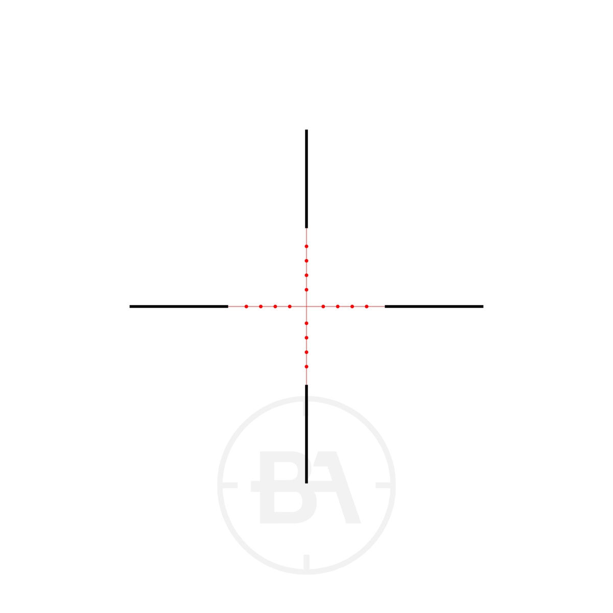 Hawke Vantage IR 2-7x32 Mil Dot Rifle Scope 2 The Hawke Vantage IR 2-7x32 Mil Dot Rifle Scope features a black crosshair with Mil Dot-style horizontal and vertical lines on a white background, red dots at the centre, and a faint, large "BA" within a circle in the background.