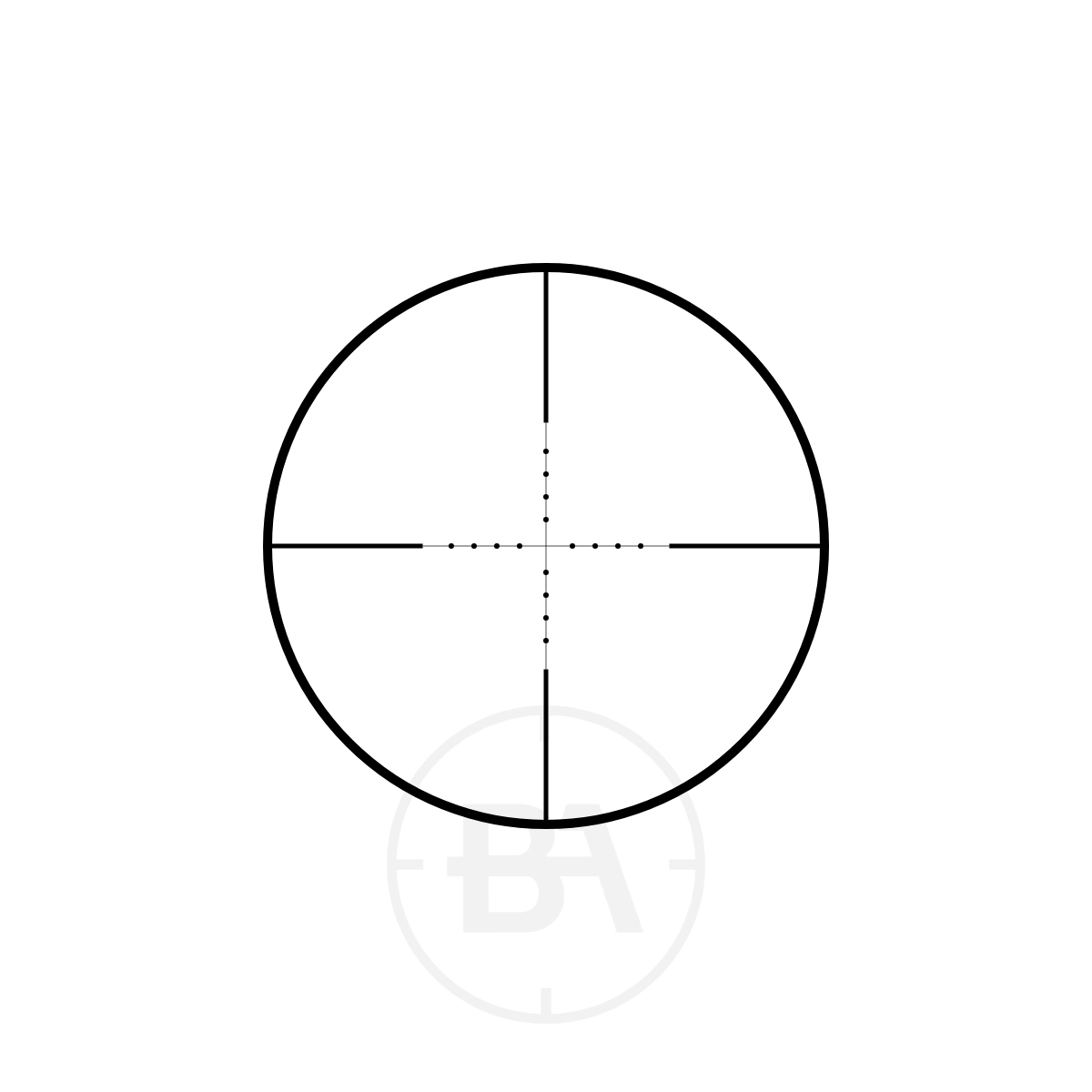 Hawke Fast Mount 3-9x50 Mil Dot With Mounts 3 A black circular Mil Dot crosshair with dotted and solid lines divides the white circle into four equal parts, resembling those in the Hawke Fast Mount 3-9x40 Mil Dot With Mounts scope.