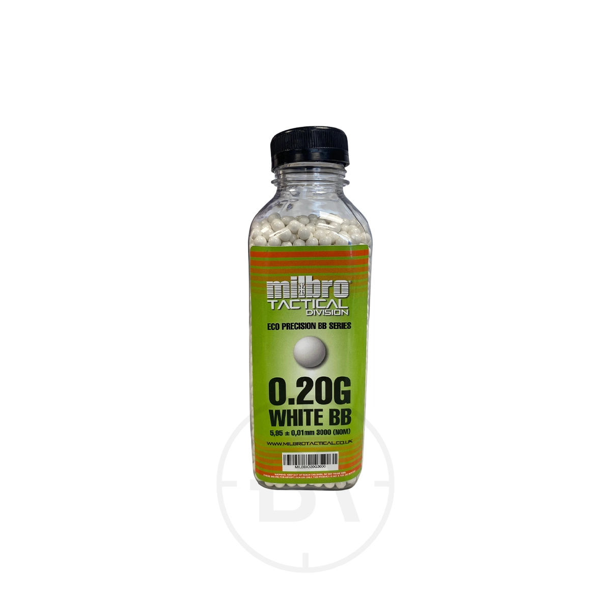 Milbro 0.20g Tactical Precision - 6mm BB's 1 A bottle of Milbro 0.20g Tactical Precision 6mm BB's for airsoft, with a green label and black cap.