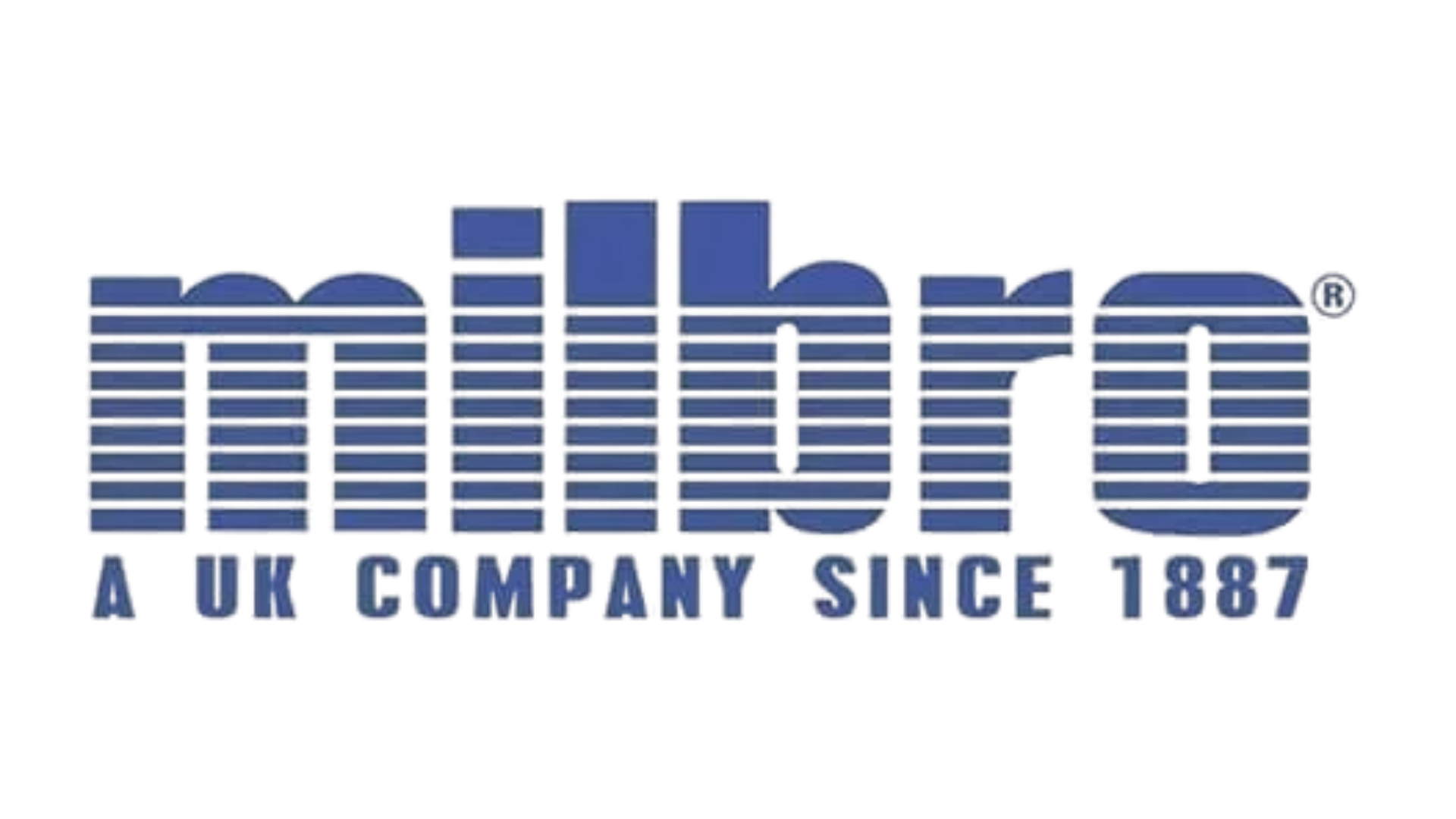 Milbro logo in blue text with horizontal lines; reads "milbro" above "A UK COMPANY SINCE 1887.
