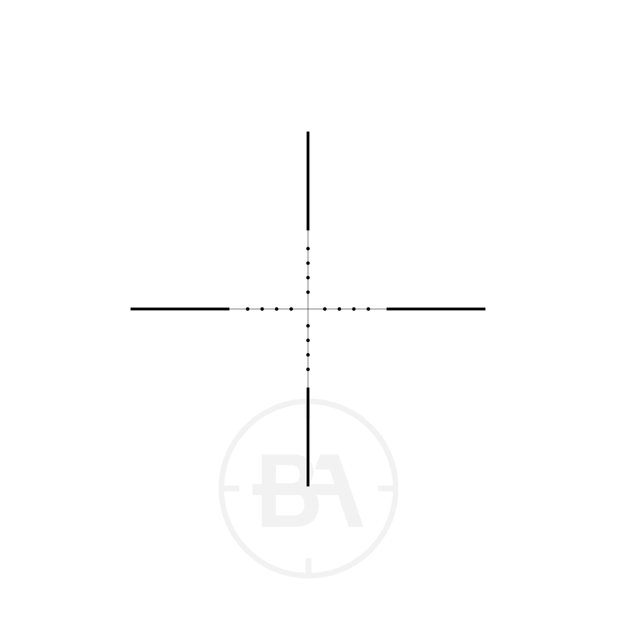 Hawke Fast Mount 3-9 x40 AO Mil Dot With Mounts 3 A simple diagram features intersecting black lines forming a cross with Mil Dot markings, dotted centre lines, and faint grey “BA” in a circle below—design inspired by the Hawke Fast Mount 3-9 x40 AO Mil Dot With Picatinny Mounts.