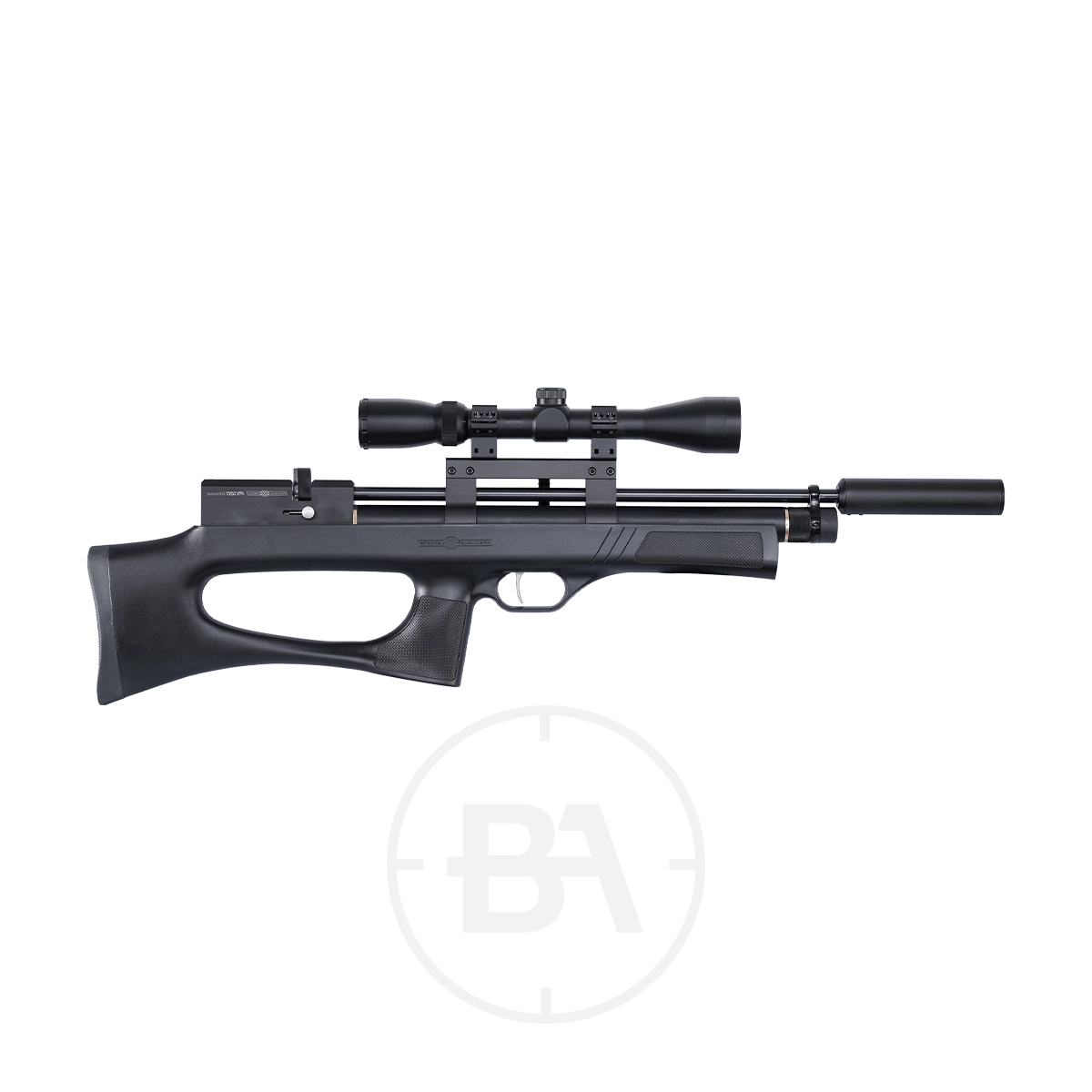 Precihole Minotaur Bullpup PCP Air Rifle 1 The Precihole Minotaur Bullpup PCP Air Rifle features a sleek bullpup design, with a mounted scope and silencer, synthetic stock with thumbhole, elegantly set against a plain white backdrop.