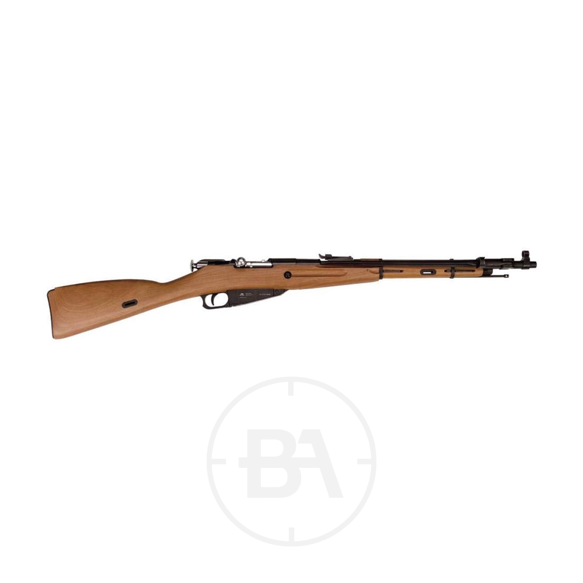 Air Force One Moisin Nagant M1944 C02 Air Rifle 1 The Air Force One Moisin Nagant M1944 CO2 Air Rifle features a bolt-action design with a wooden stock and black metal barrel, shown in a side view against a white background.