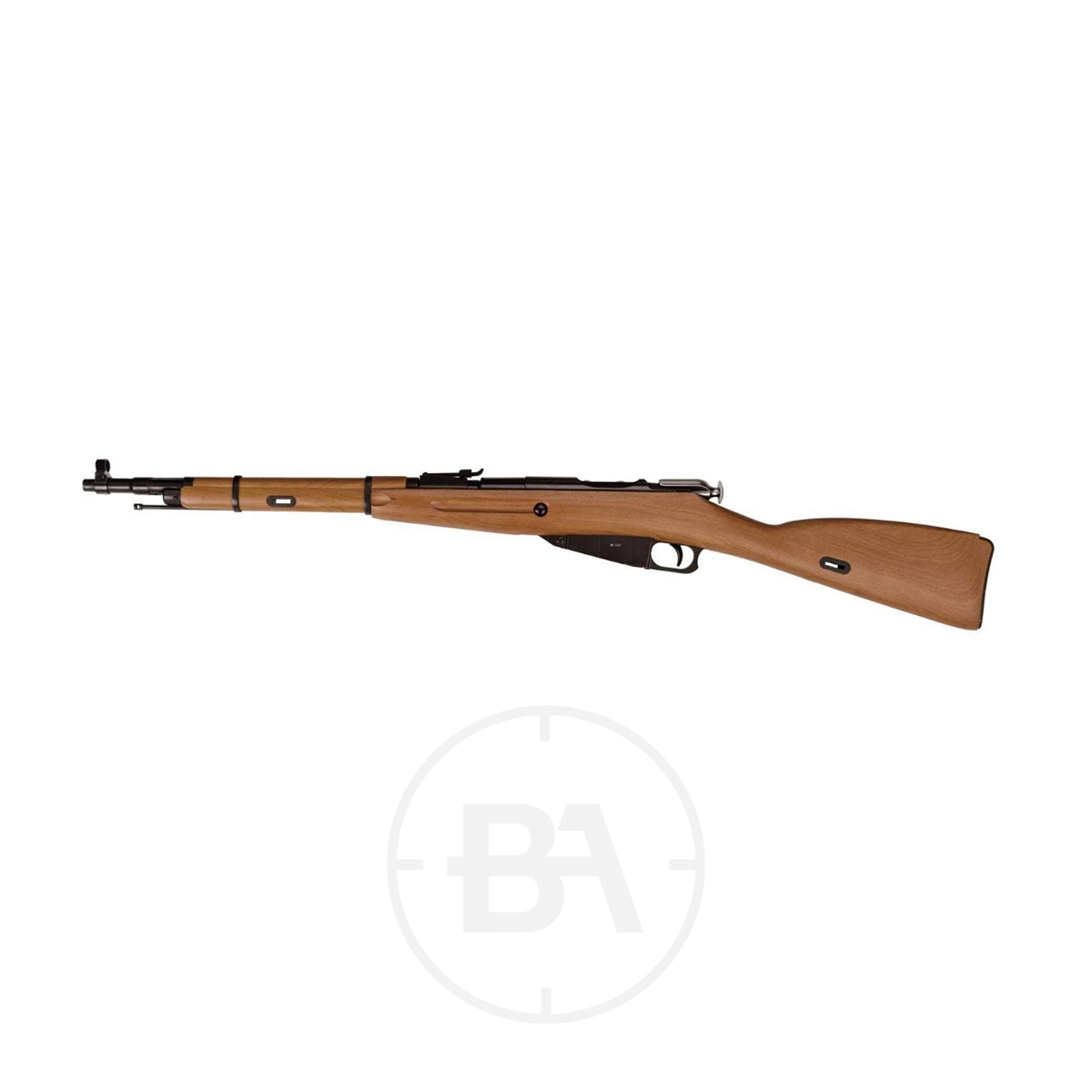 Air Force One Moisin Nagant M1944 C02 Air Rifle 3 The Air Force One Moisin Nagant M1944 CO2 Air Rifle features a classic bolt-action design with a wooden stock and black metal barrel, displayed in profile against a white background.