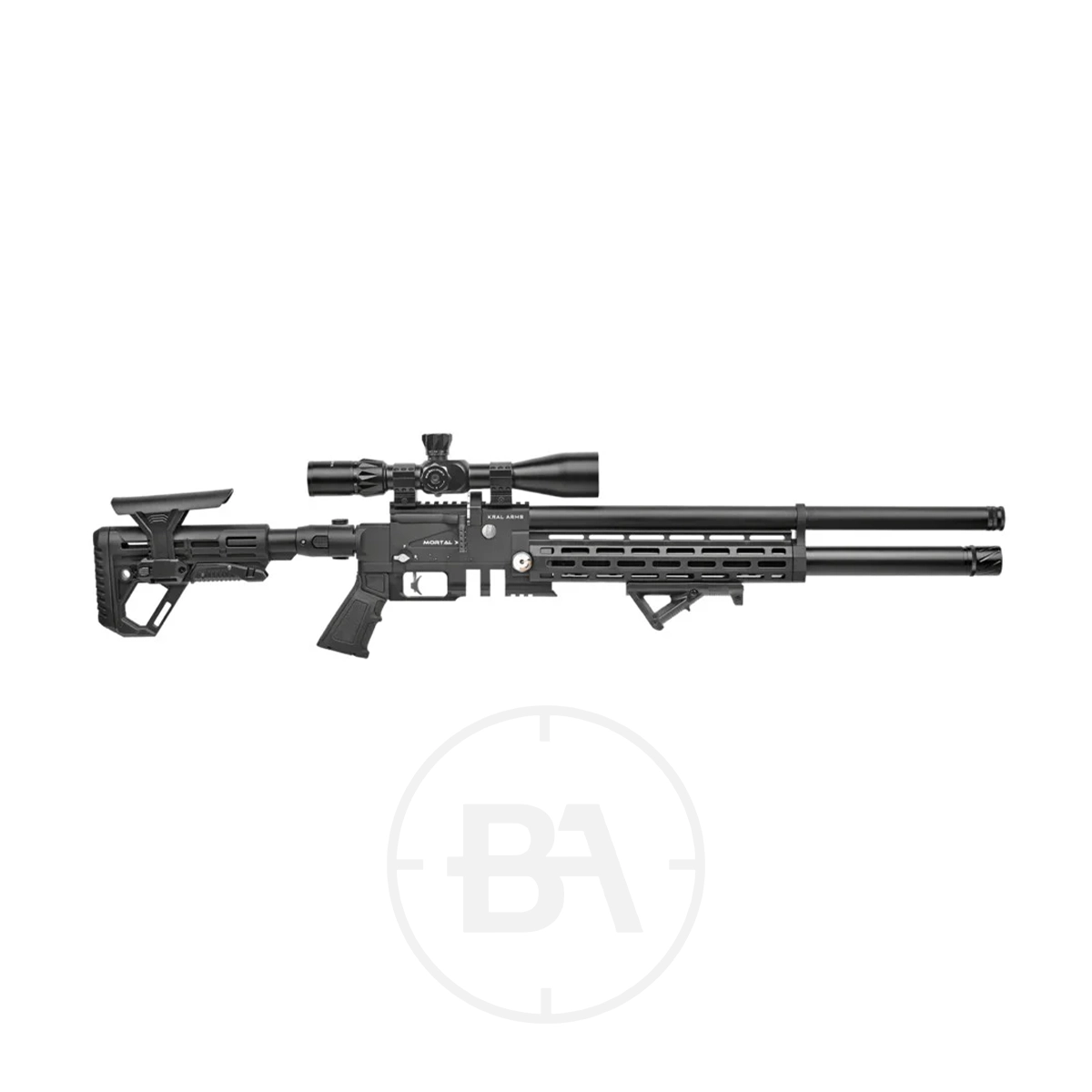 Kral Arms Mortal X PCP Air Rifle 1 The Kral Arms Mortal X PCP Air Rifle is black, features a scope, adjustable stock, and dual air cylinders, shown against a white background.