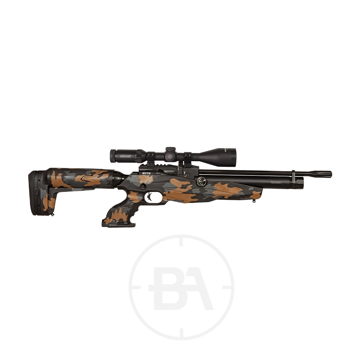 Reximex Myth PCP Air Rifle 9 A bolt-action Reximex Myth .177 PCP Air Rifle with a camouflage pattern, black scope, and adjustable stock, photographed against a white background.