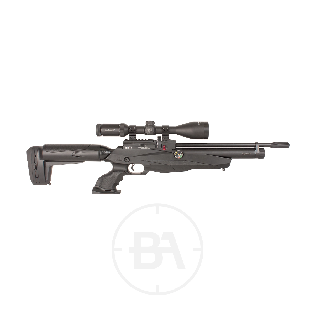 Reximex Myth PCP Air Rifle 1 A Reximex Myth PCP Air Rifle in .177 caliber, featuring a mounted scope, adjustable stock, and visible pressure gauge, is displayed on a white background.