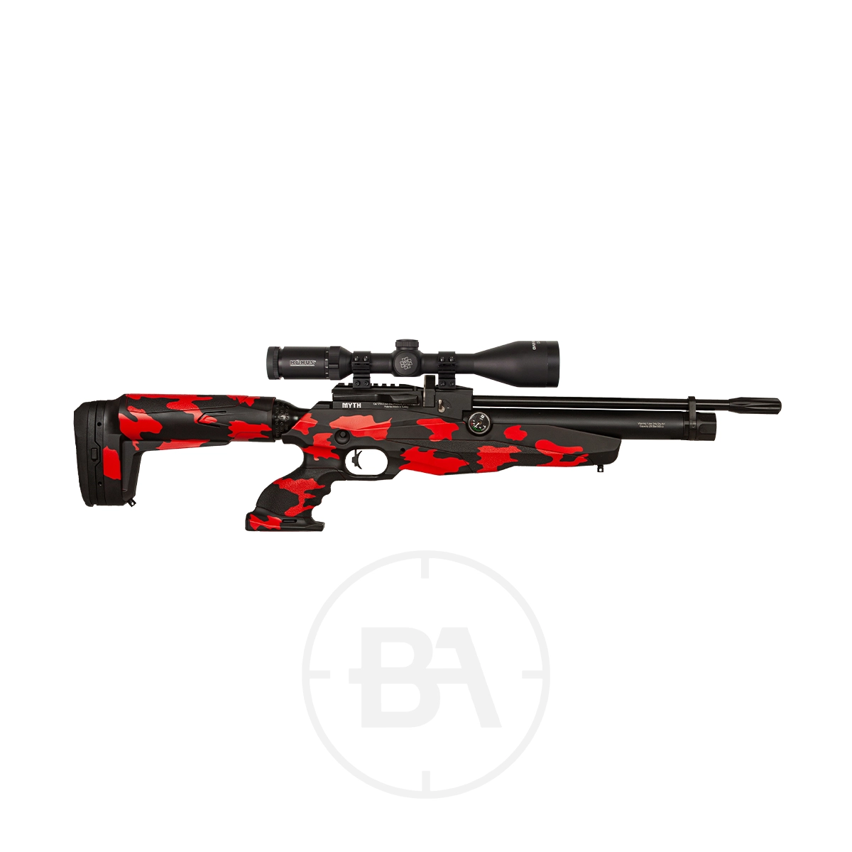 Reximex Myth PCP Air Rifle 7 A Reximex Myth PCP Air Rifle in .177 caliber, featuring a bolt-action system, red and black camouflage pattern, and mounted scope, displayed on a white background.