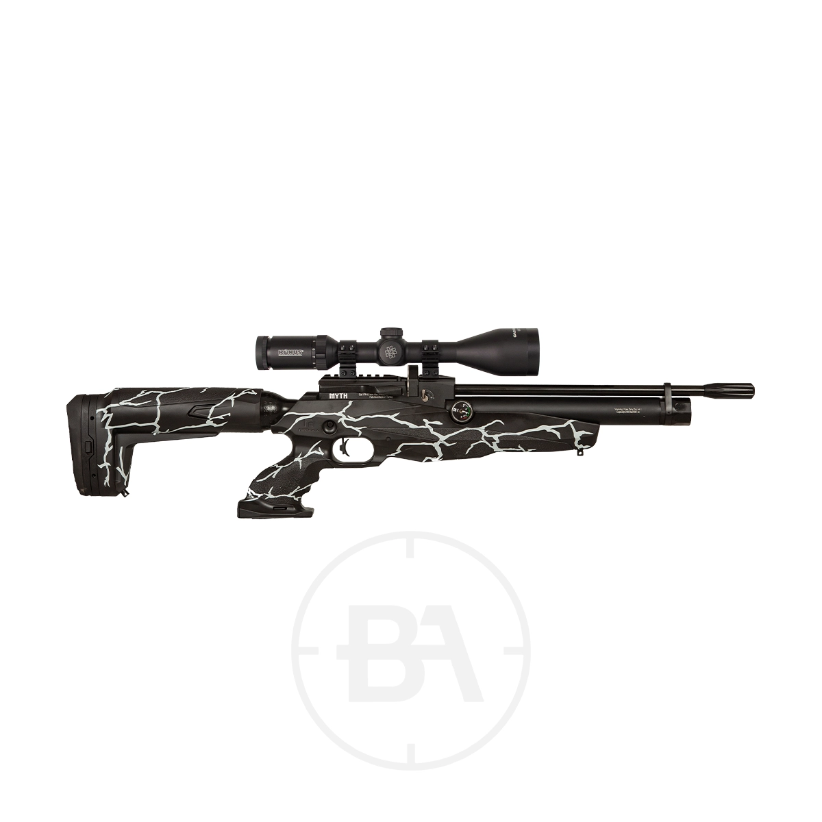 Reximex Myth PCP Air Rifle 5 The Reximex Myth PCP Air Rifle in .177 caliber features a black finish with a striking white vein pattern and comes equipped with a telescopic sight, displayed in profile on a white background.