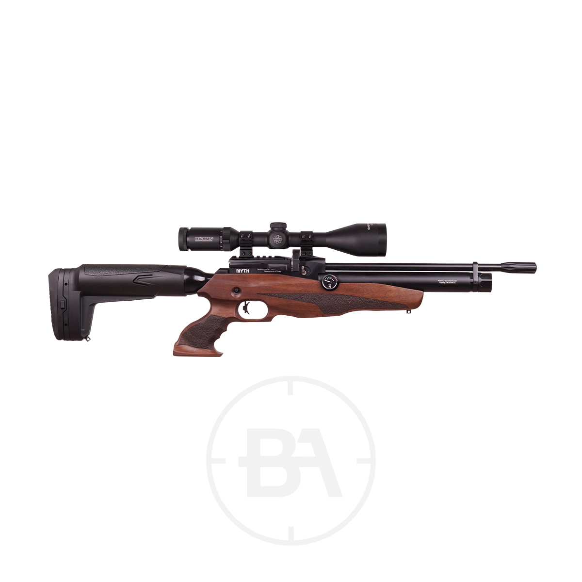 Reximex Myth PCP Air Rifle 3 Side view of a Reximex Myth PCP Air Rifle in .177 caliber, featuring a wooden stock, black adjustable buttstock, mounted scope, and barrel, displayed on a white background.