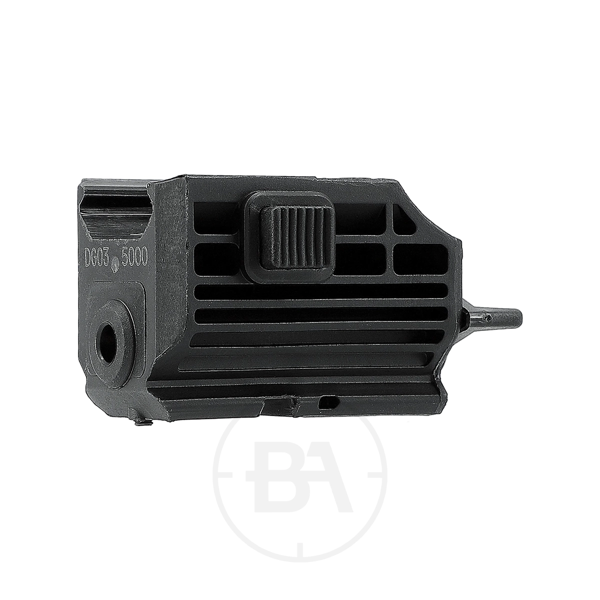 Umarex UX NL 4 Nano Laser 1 Black rectangular plastic component featuring horizontal grooves, a central ridged button, and an end hole, shown on a white background—designed for use with the Umarex UX NL 4 Nano Laser system.