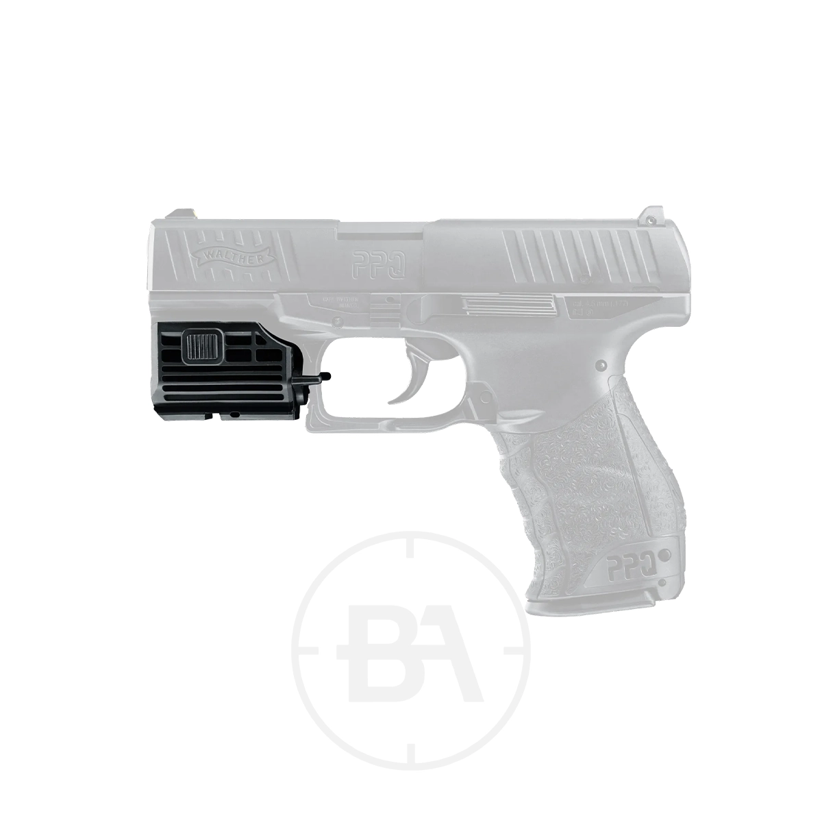 Umarex UX NL 4 Nano Laser 7 A compact black Umarex UX NL 4 Nano Laser is attached under the barrel of a semi-transparent handgun.