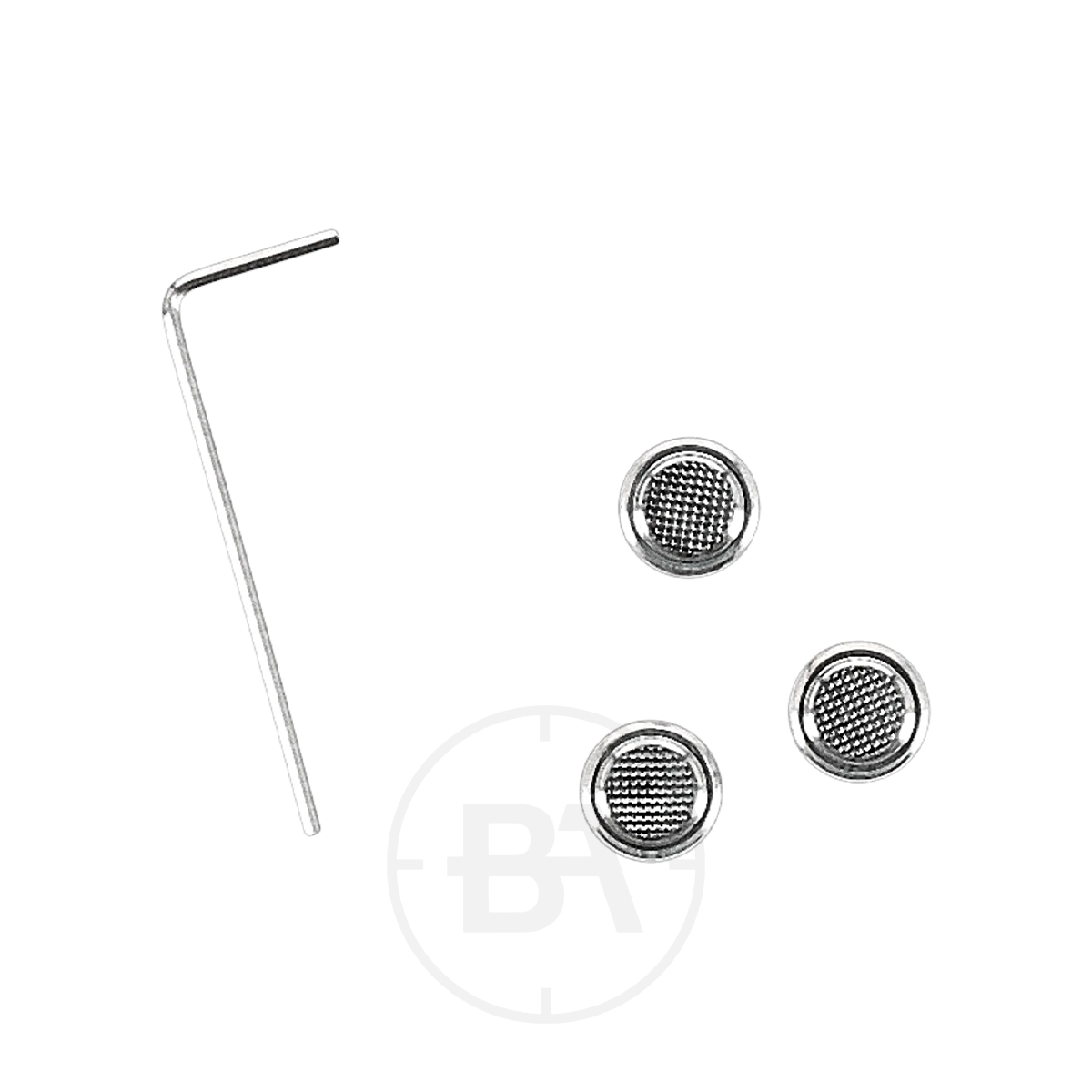 Umarex UX NL 4 Nano Laser 9 A hex key and three round, textured silver buttons for the Umarex UX NL 4 Nano Laser are shown on a plain white background.