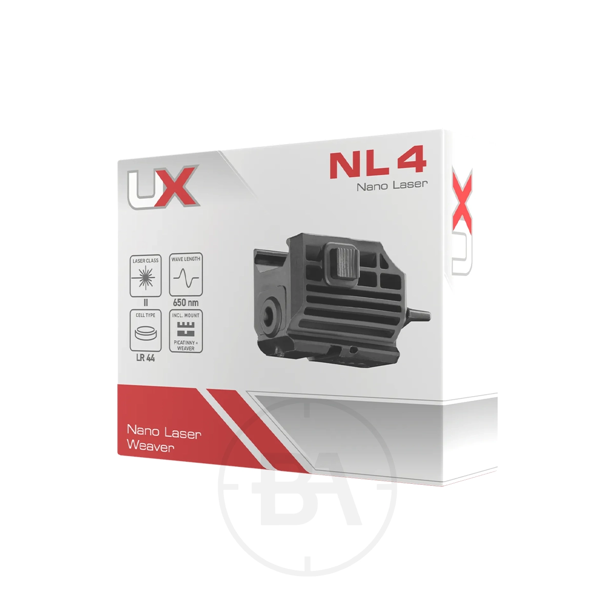 Umarex UX NL 4 Nano Laser 11 The retail box for the Umarex UX NL 4 Nano Laser is shown, displaying an image of the laser device along with its product specifications on the packaging.