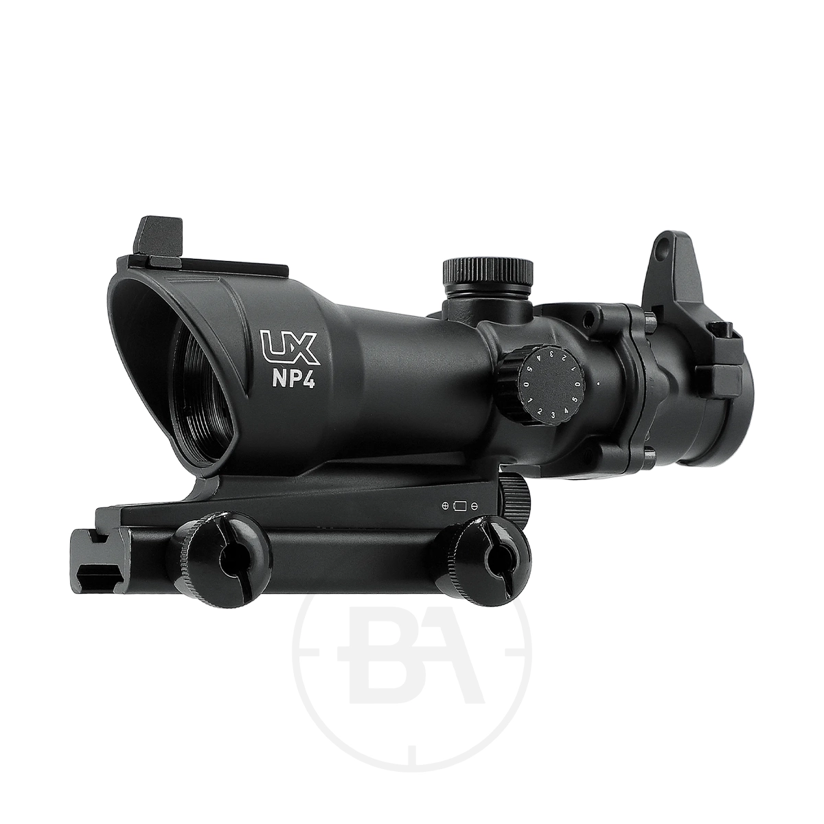 Umarex UX NP 4 MOA Nano Point Sight 1 Black Umarex UX NP 4 MOA Nano Point Sight with adjustment knobs and mounting hardware, featuring a 4 MOA reticle, shown from a slight angle on a white background.