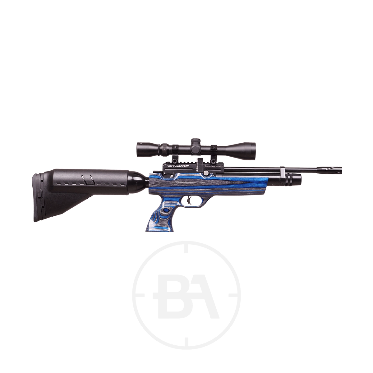 Kral Arms Puncher NP02 PCP Air Rifle With Hard Case 5 A Kral Arms Puncher NP02 PCP air rifle with a hard case, shown on a white background—featuring blue and black design, mounted scope, and adjustable stock for top performance and durability.