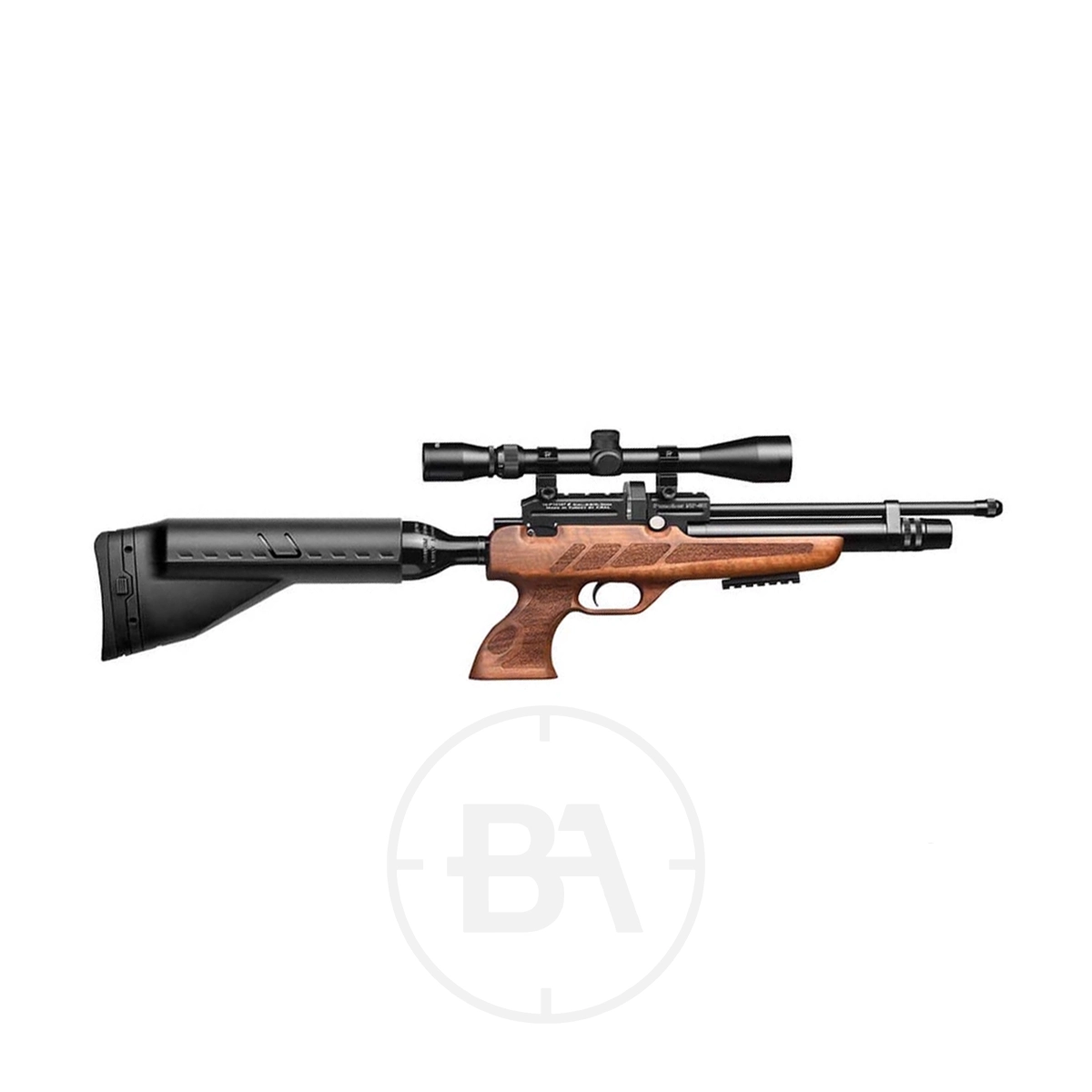 Kral Arms Puncher NP02 PCP Air Rifle With Hard Case 1 A modern air rifle with a wooden stock, black adjustable butt, mounted scope, and metal barrel, displayed on a white background.