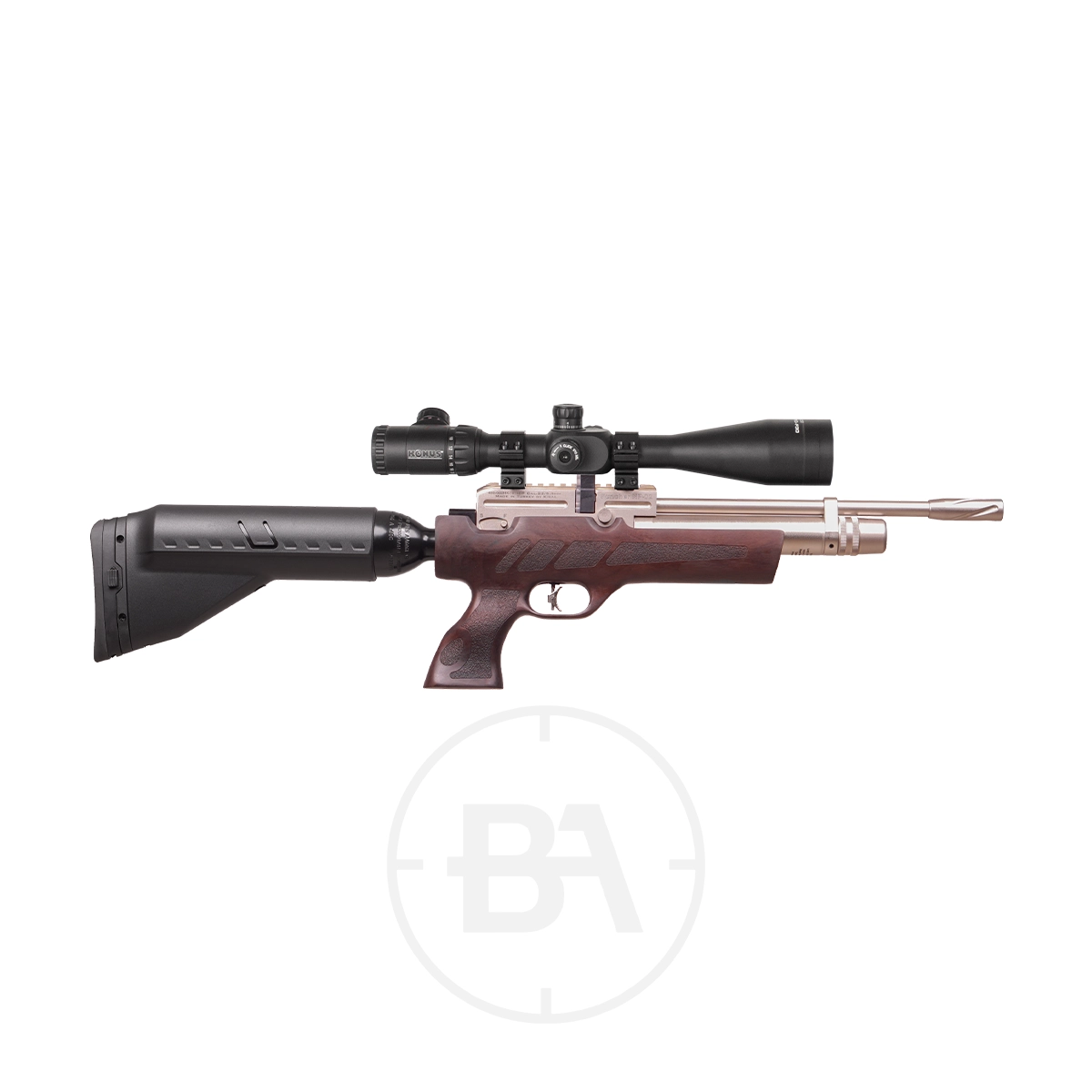 Kral Arms Puncher NP02 PCP Air Rifle With Hard Case 7 Side view of the Kral Arms Puncher NP02 PCP Air Rifle with a wooden stock, black adjustable buttstock, and metal barrel on a white background.
