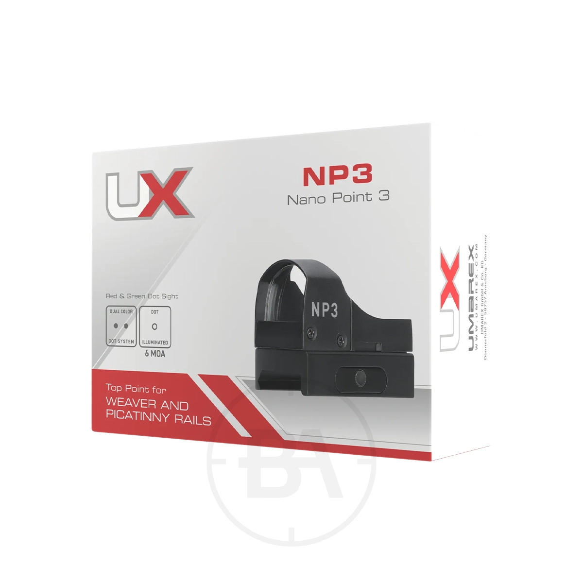 Umarex UX NP 3 MOA Nano Point Sight 5 A box for the Umarex UX NP 3 Nano Point Sight, designed for Weaver and Picatinny rails, displays an image of the sight and detailed product information on its packaging.