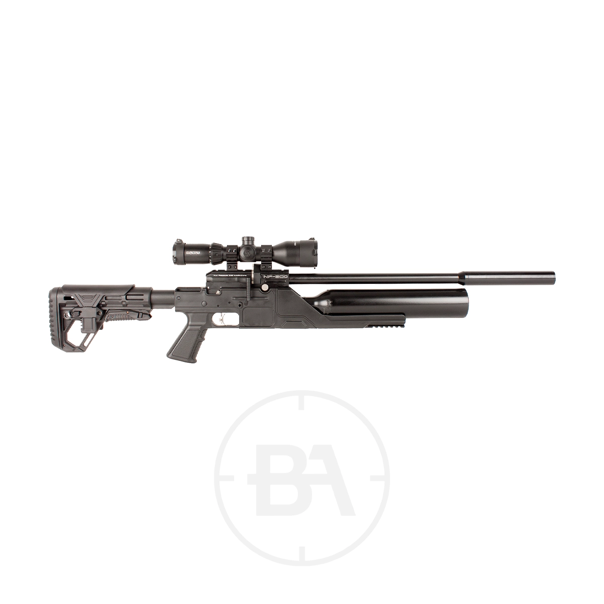 Kral Arms NP500 PCP Air Rifle With Hard Case 1 The Kral Arms Puncher NP500 PCP Air Rifle is shown in side profile with a scope and adjustable stock, displayed against a white background. It comes with a hard case for secure storage.