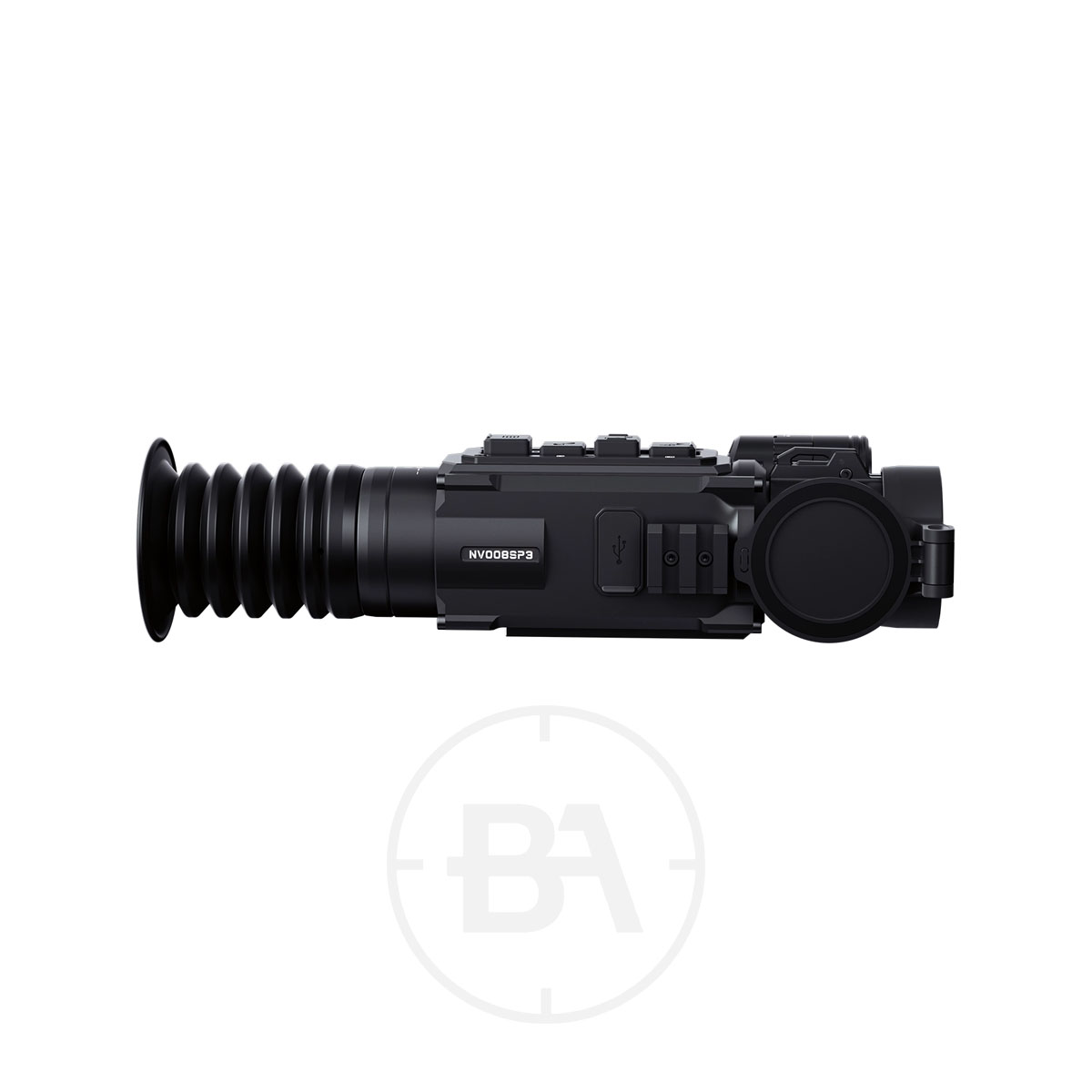 PARD NV008SP3 Night Vision Scope 3 The PARD NV008SP3 Night Vision Scope, black in colour with a ribbed eyepiece, side control buttons, and a lens cover on the front, is displayed against a white background showing its cylindrical design.