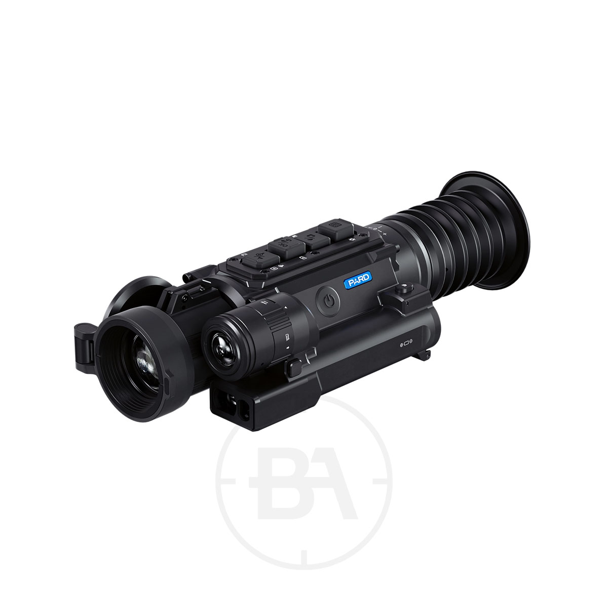 PARD NV008SP3 Night Vision Scope 1 The PARD NV008SP3 Night Vision Scope is a black device with adjustment dials, buttons, and a rubber eyepiece. It features the "PARD" branding in blue and white text on a white background.