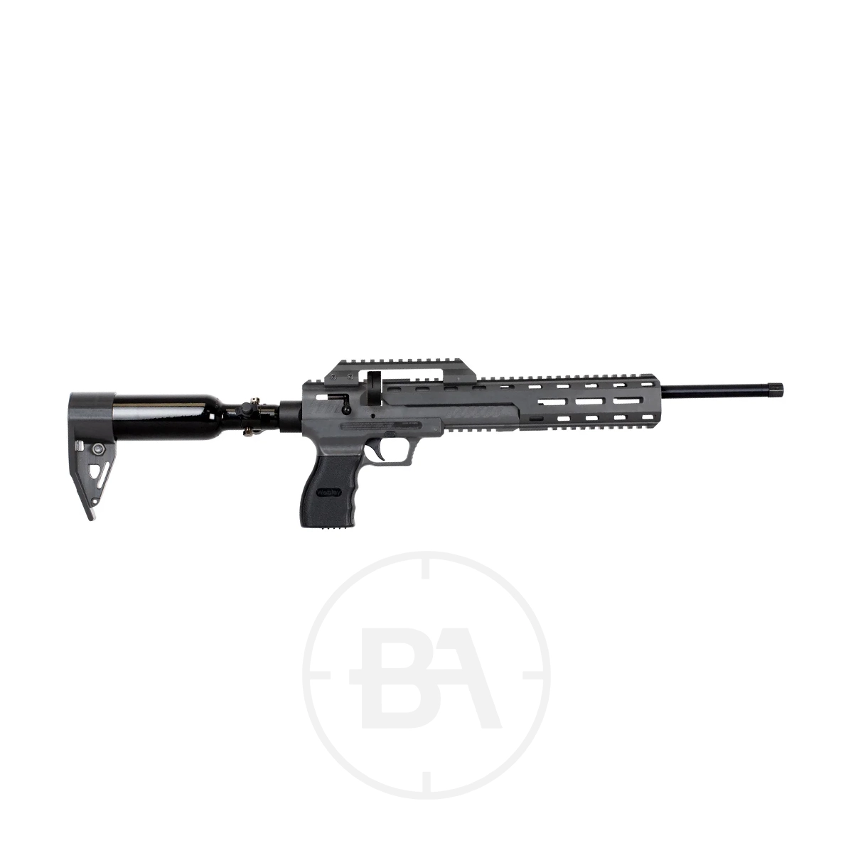 Webley Nemesis X PCP Air Rifle 1 The Webley Nemesis X PCP Air Rifle, featuring a sleek black and gray design with a long barrel and textured grip, is showcased against a pristine white background.