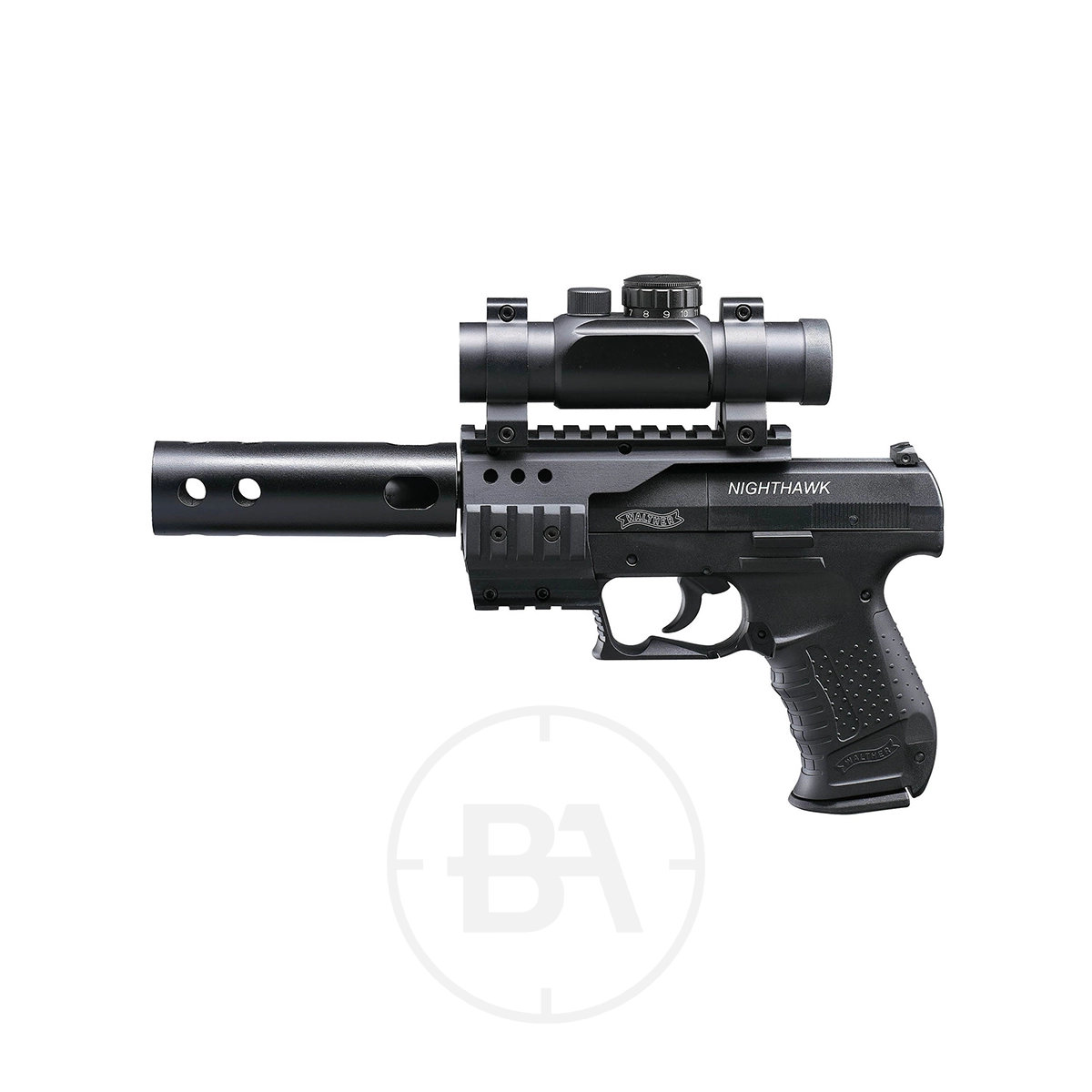 Walther NightHawk CO2 Pistol Set With Red Dot 1 Walther NightHawk CO2 Pistol Set with Red Dot, featuring mounted scope and barrel extension, displayed on a white background.