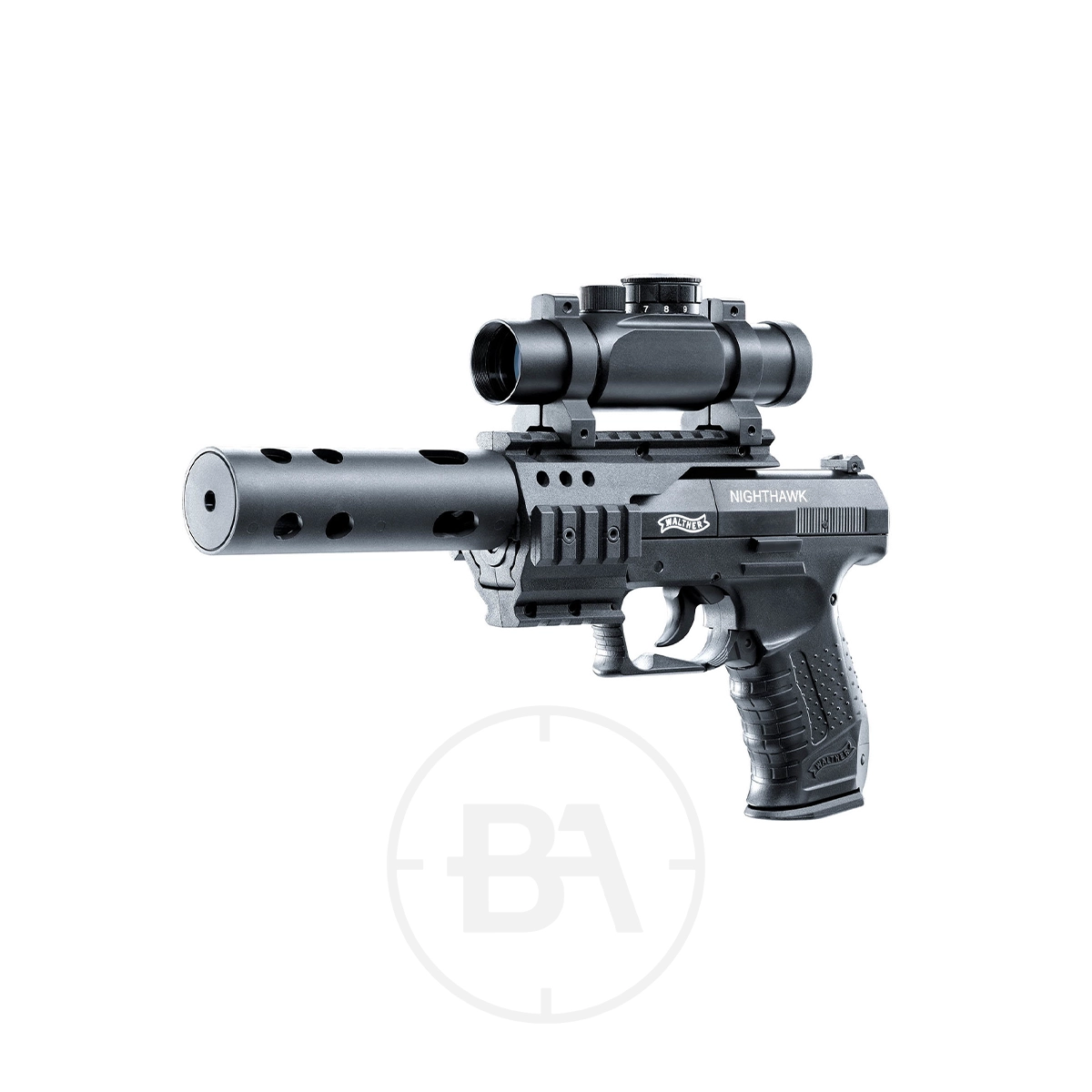 Walther NightHawk CO2 Pistol Set With Red Dot 3 The Walther NightHawk CO2 Pistol Set With Red Dot, featuring a scope and silencer attachment, is shown against a plain white background.