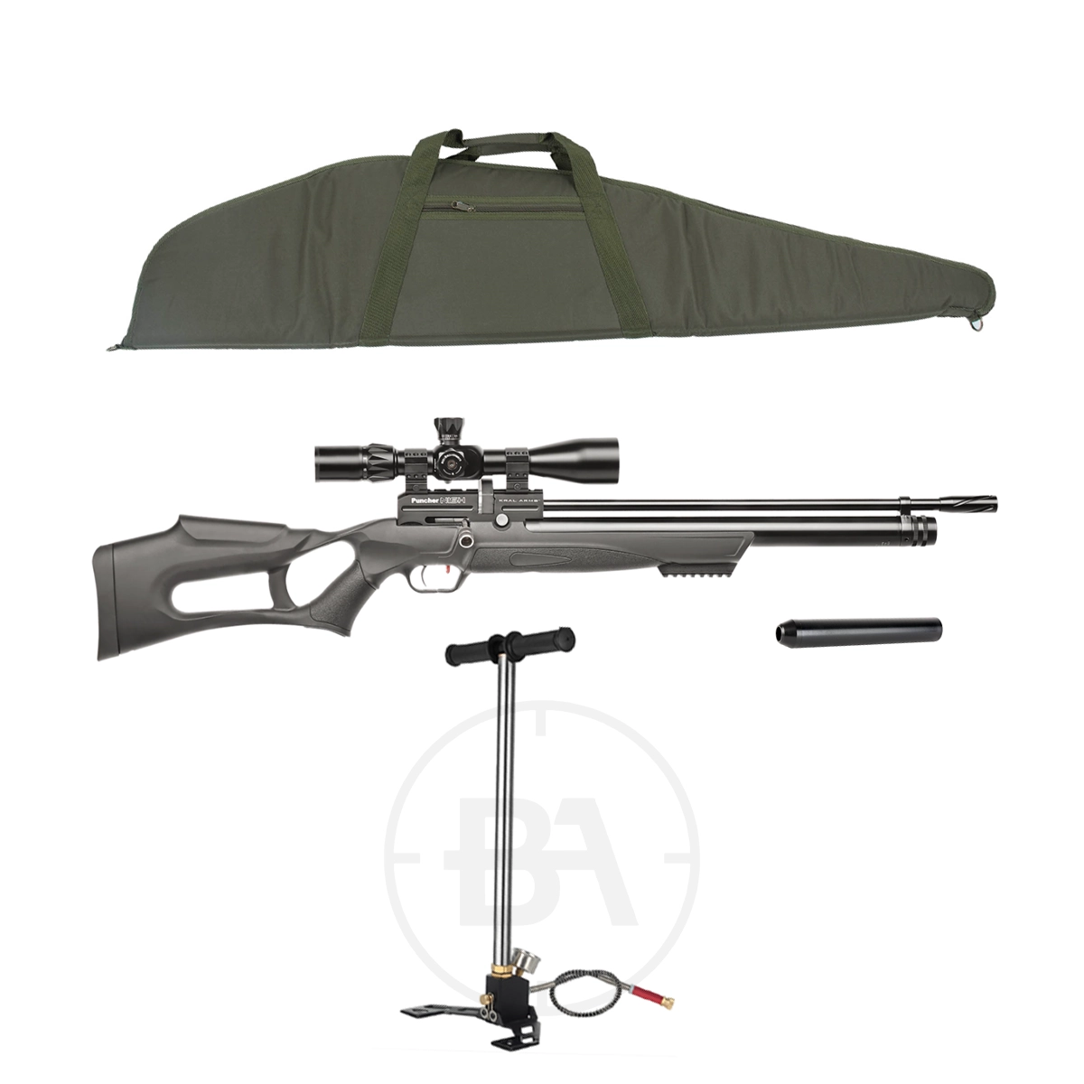 Kral Arms Nish PCP Air Rifle Package 1 A black air rifle with a scope, a detachable silencer, a hand pump with hose, and a green soft rifle case displayed on a white background.