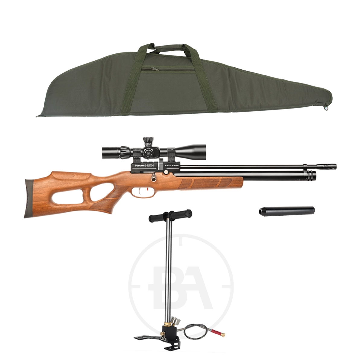 Kral Arms Nish PCP Air Rifle Package 5 The Kral Arms Nish PCP Air Rifle Package, featuring a wooden stock, silencer, green carrying case, and manual air pump with hose, is shown on a white background—an excellent choice for air rifle enthusiasts.