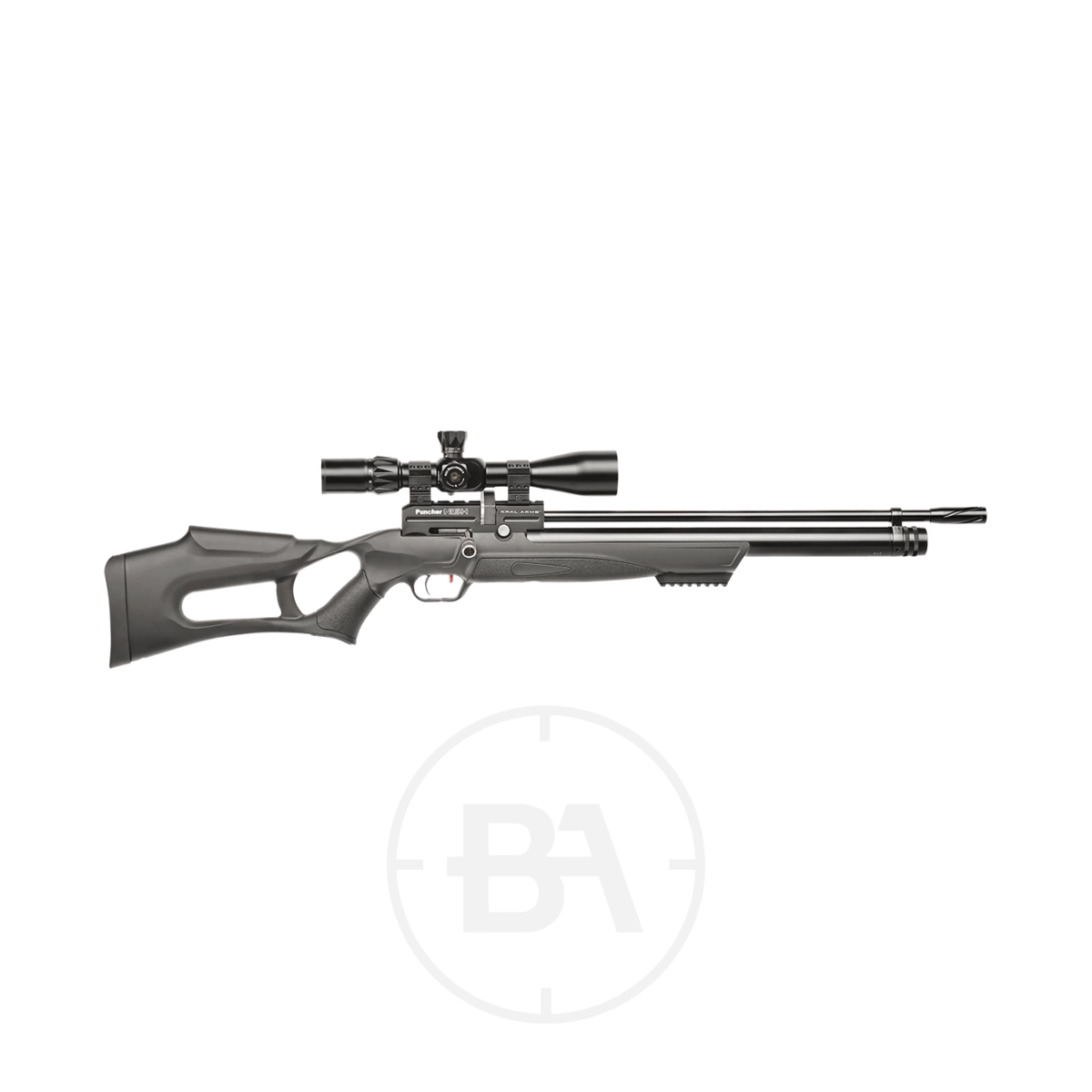Kral Arms Nish PCP Air Rifle Package 3 A black air rifle with a mounted scope, shown in a side profile against a white background.