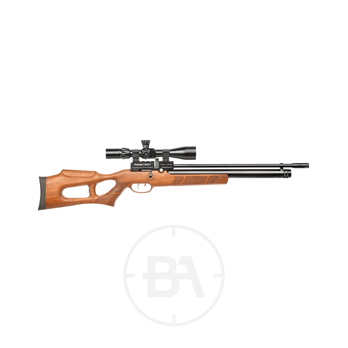 Kral Arms Nish PCP Air Rifle Package 7 Side view of the Kral Arms Nish PCP Air Rifle Package, featuring a wooden stock and mounted scope, displayed on a white background.