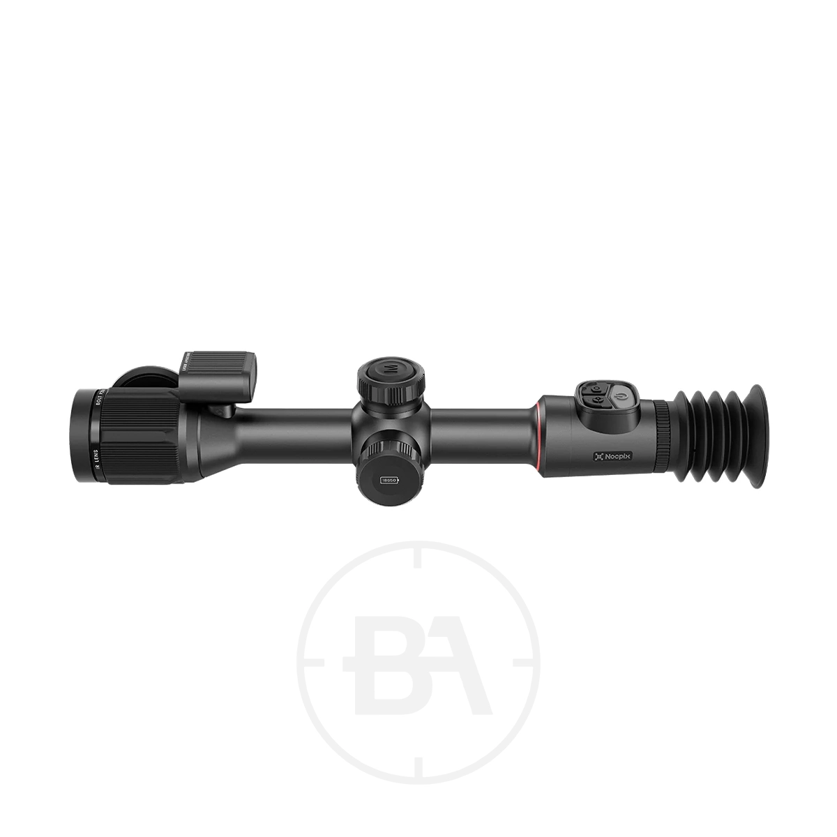 Nocpix Bolt P25R Thermal Imaging LRF Rifle Scope 2 A black Nocpix P25R Bolt Thermal Imaging Rifle Scope with adjustment knobs, a digital display, and an eyepiece is shown on a white background, highlighting its advanced thermal imaging features.