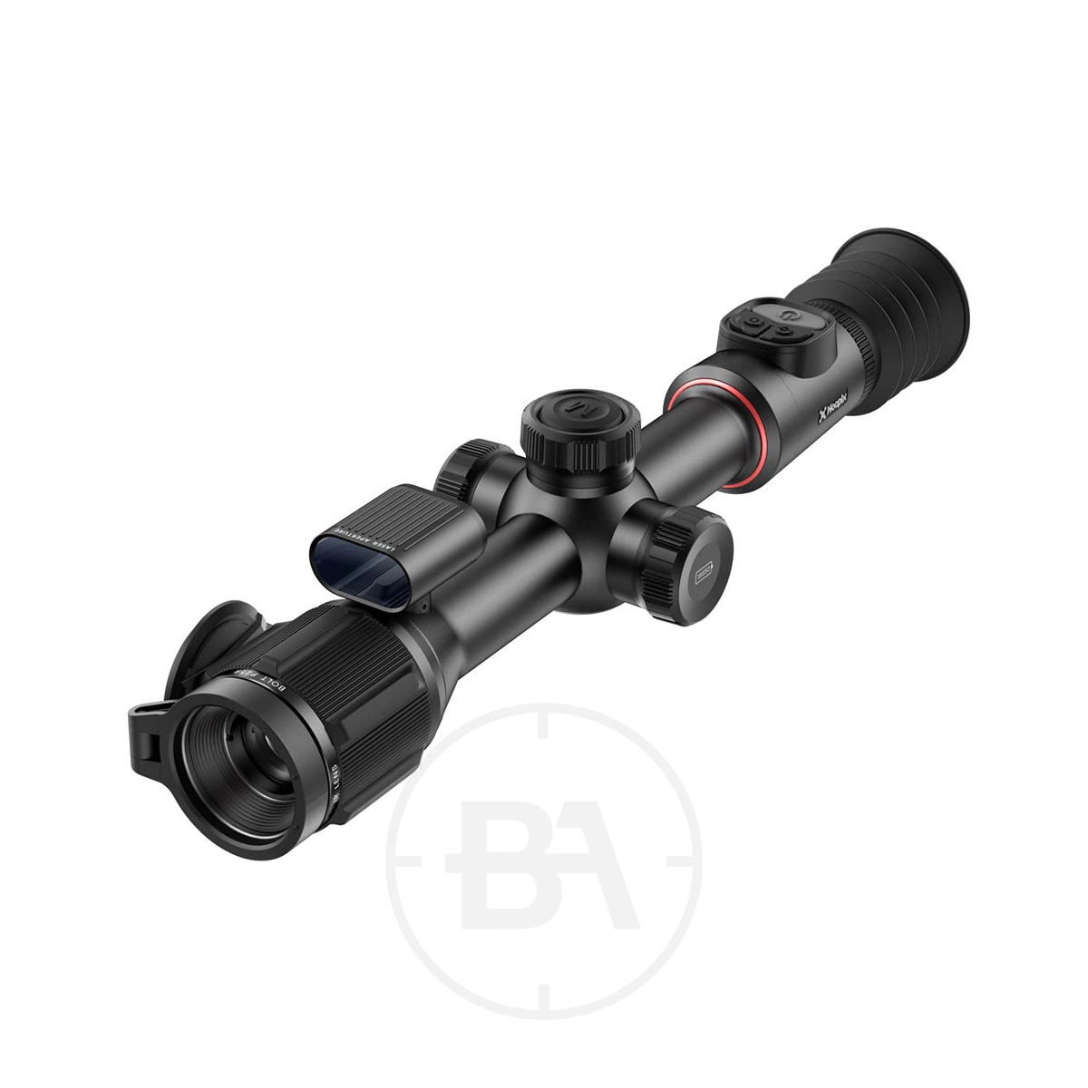 Nocpix Bolt P25R Thermal Imaging LRF Rifle Scope 1 A black NocPix Bolt P25R rifle scope with multiple adjustment knobs, lens covers, and a side electronic display is displayed on a white background.