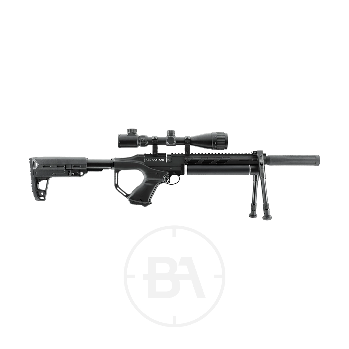 Umarex UX Notos PCP Air Rifle Kit With Scope & Bipod 1 Side view of the Umarex Notos PCP Air Rifle Kit with scope and bipod, featuring an adjustable stock and silencer, displayed on a white background.