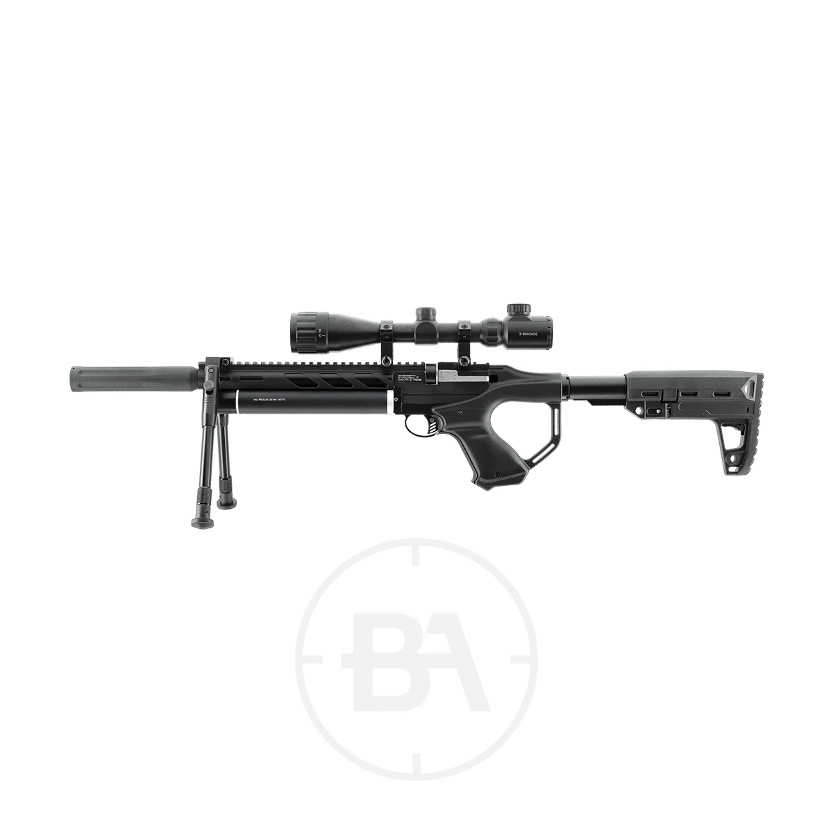 Umarex UX Notos PCP Air Rifle Kit With Scope & Bipod 5 A Umarex Notos PCP Air Rifle Kit With Scope & Bipod, featuring a black finish, adjustable stock, silencer, and telescopic sight, is displayed on a white background.
