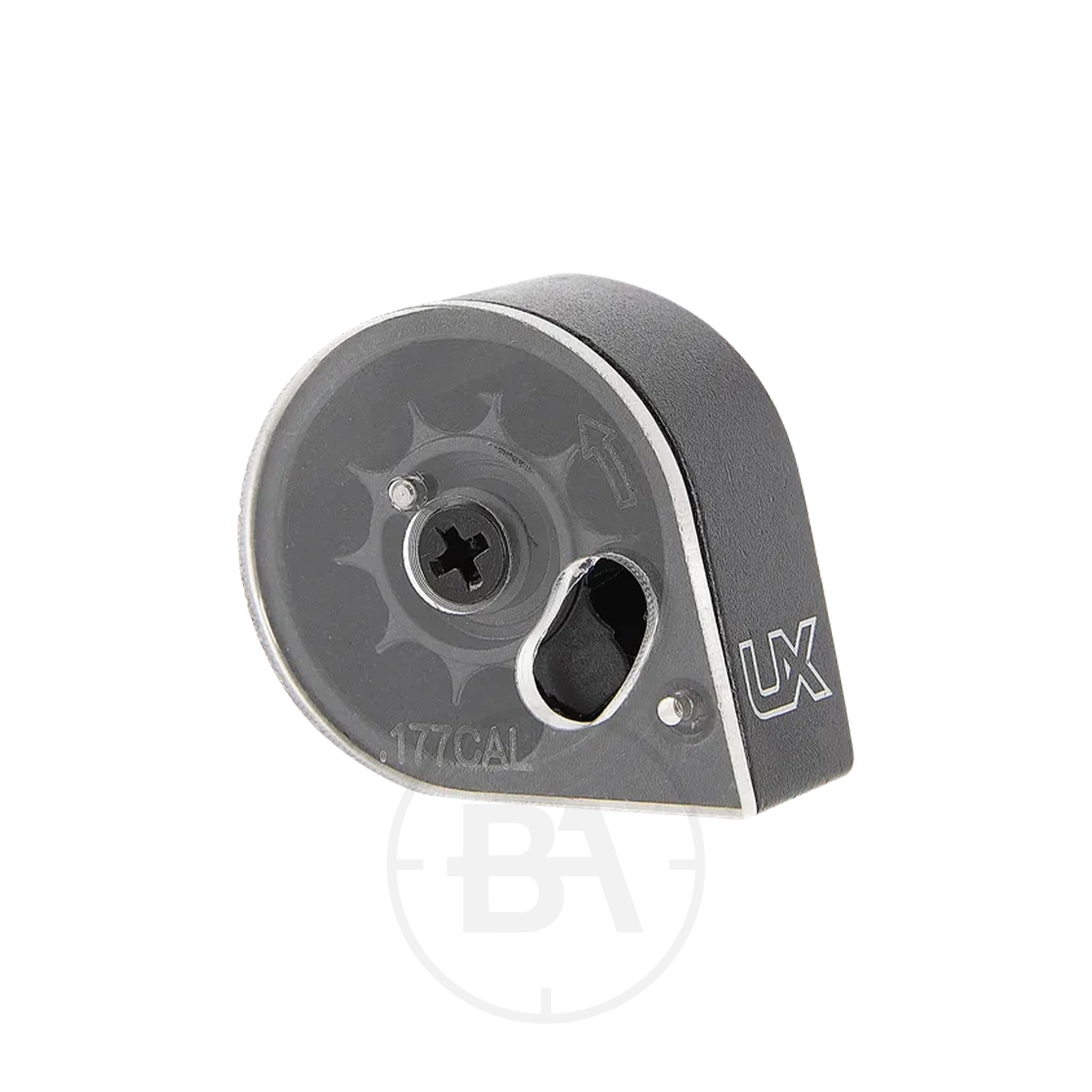 Umarex UX Notos Spare Magazine 1 A close-up of the Umarex UX Notos Spare Magazine in black and grey, featuring "UX" branding, a visible centre screw, a clear window showing pellet chambers, and ".177 CAL" marking—perfect as an extra magazine for your airgun.