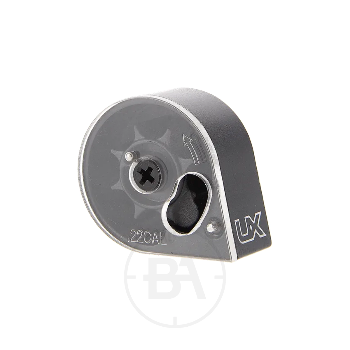Umarex UX Notos Spare Magazine 3 A black and grey rotary Spare Magazine for the Umarex UX Notos .22 air rifle, featuring a transparent side plate with a visible gear mechanism and “.22CAL” and “UX” markings on the casing.