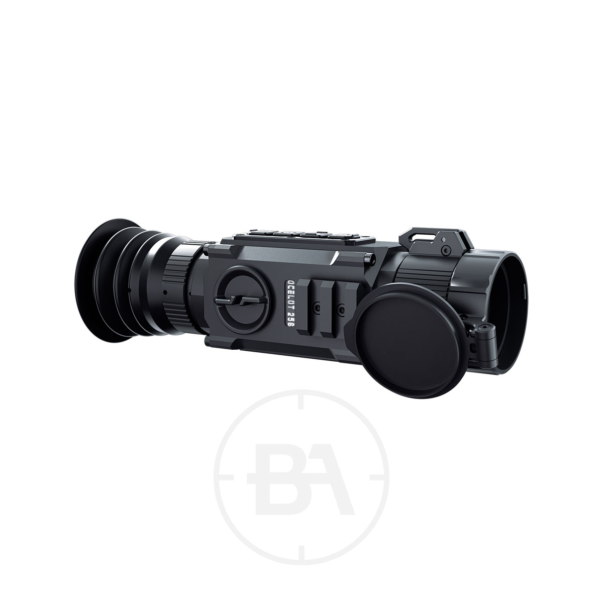 PARD Ocelot 256 Thermal Imaging Scope 4 The PARD Ocelot 256 Thermal Imaging Scope with lens covers, side buttons, and a rubber eyepiece is displayed on a white background.
