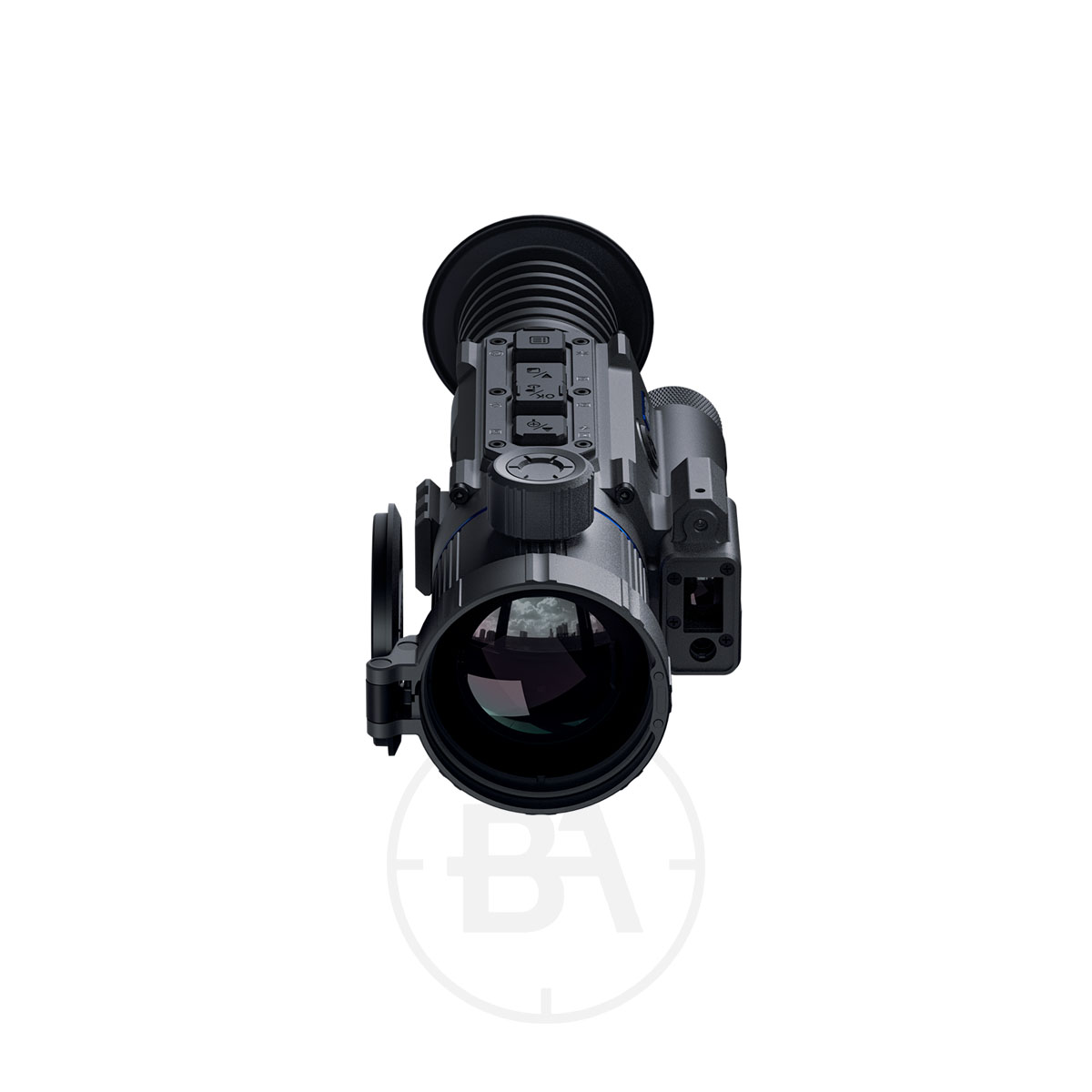 PARD Ocelot 640 Q Thermal Imaging Scope 2 A front view of the PARD Ocelot 640 Q Thermal Imaging Scope shows its lens, eyepiece, and top-mounted buttons and dials against a white background.