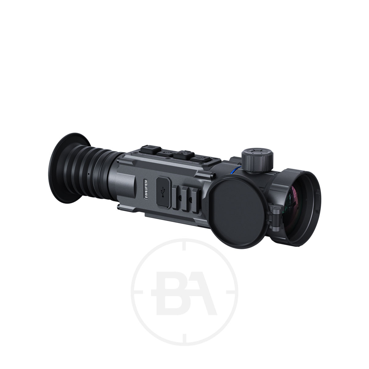 PARD Ocelot 640 Q Thermal Imaging Scope 4 The PARD Ocelot 640 Q Thermal Imaging Scope is a black, cylindrical device with top buttons and adjustment dials, a partially open lens cover, and a left-side eyepiece, shown angled on a white background.
