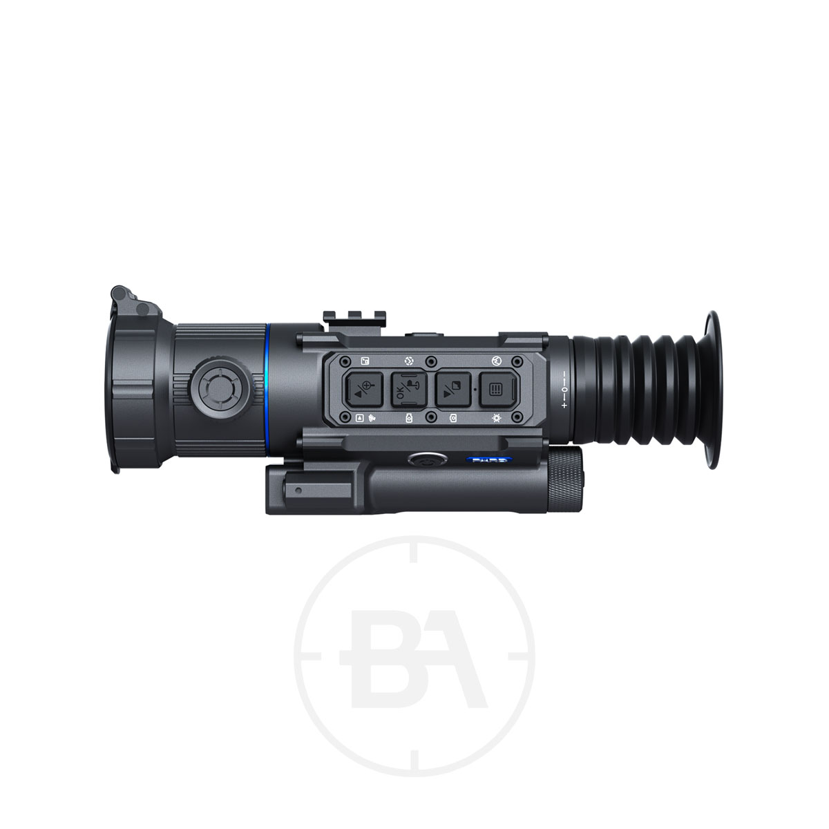 PARD Ocelot 640 Q Thermal Imaging Scope 3 The PARD Ocelot 640 Q Thermal Imaging Scope in black is shown from the side, displaying its buttons, dials, and eyepiece against a white background.