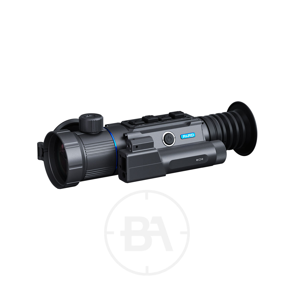 PARD Ocelot 640 Q Thermal Imaging Scope 1 The PARD Ocelot 640 Q Thermal Imaging Scope features a large lens, control buttons, eyepiece, rail mount, and blue power indicator light, all shown against a white background.