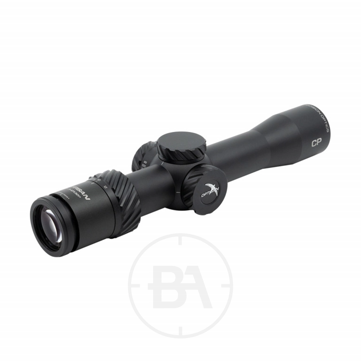 Optisan CP 3-12x32 SFP MH10 Compact Rifle Scope 1 The Optisan CP 3-12x32 SFP MH10 Compact Rifle Scope features adjustment knobs and textured rings, displayed on a white background with a subtle circular "BA" watermark beneath.