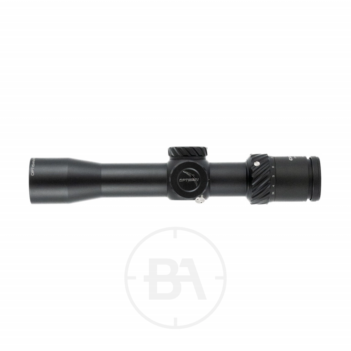 Optisan CP 3-12x32 SFP MH10 Compact Rifle Scope 3 A black Optisan CP 3-12x32 SFP MH10 Compact Rifle Scope with central adjustment dials, shown from the side against a white background. The scope features a matt finish and a smooth, cylindrical design.