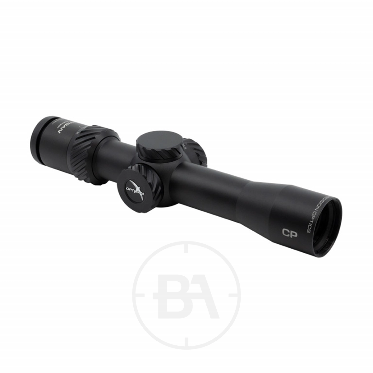 Optisan CP 3-12x32 SFP MH10 Compact Rifle Scope 4 An Optisan CP 3-12x32 SFP MH10 Compact Rifle Scope in black, featuring adjustment knobs and labelled ends, is displayed diagonally on a white background with a subtle circular logo beneath it.