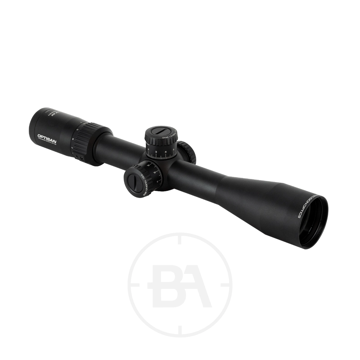 Optisan EVX G2 4-16x44 FFP MRAD16 Rifle Scope 1 A black Optisan EVX G2 4-16x44 FFP MRAD16 Rifle Scope with top and side adjustment knobs and "OPTISAN" on the eyepiece is shown against a white background.