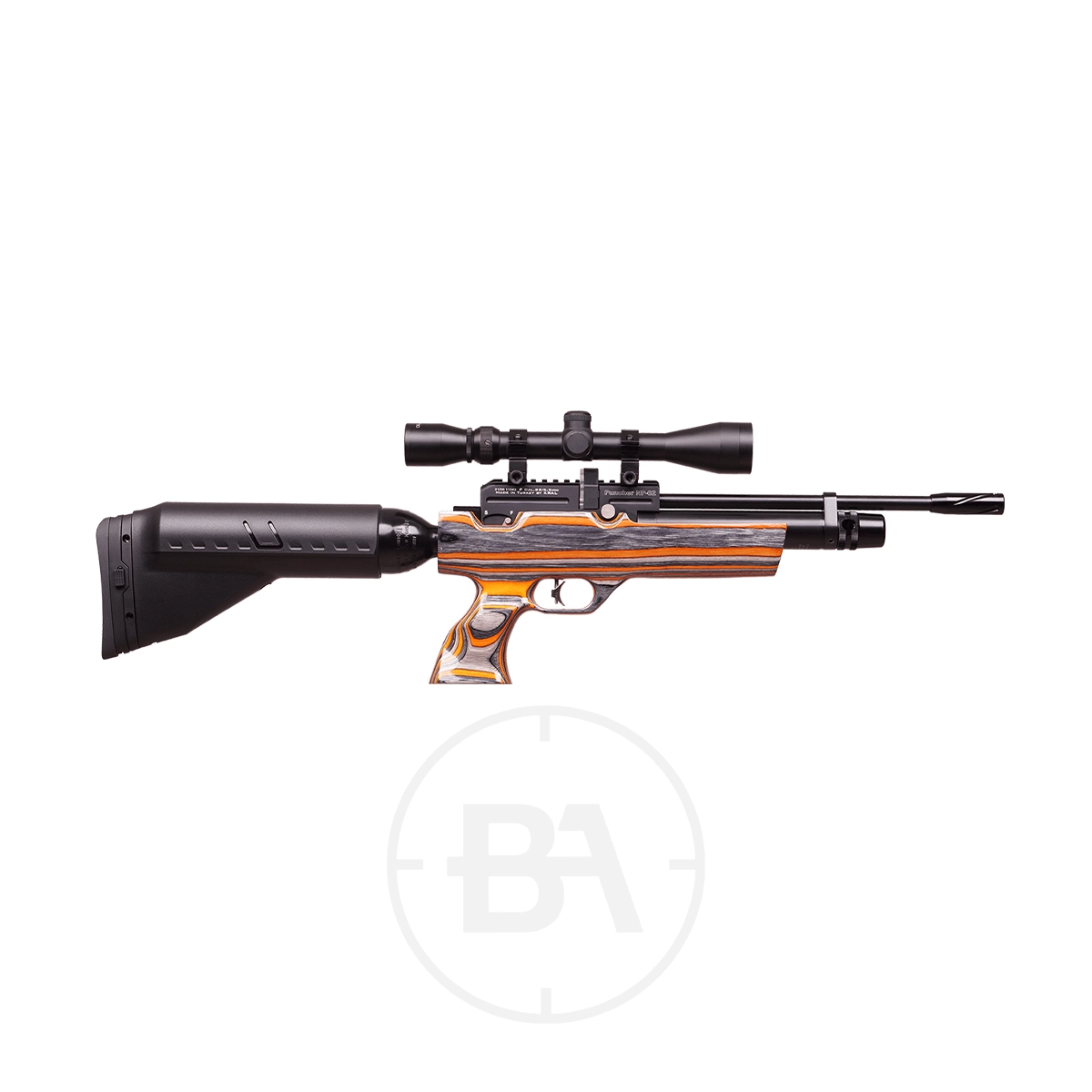 Kral Arms Puncher NP02 PCP Air Rifle With Hard Case 3 The Kral Arms Puncher NP02 PCP Air Rifle with a wooden stock, black adjustable cheek rest, mounted scope, and a hard case is displayed on a white background—compact and ideal for transport.