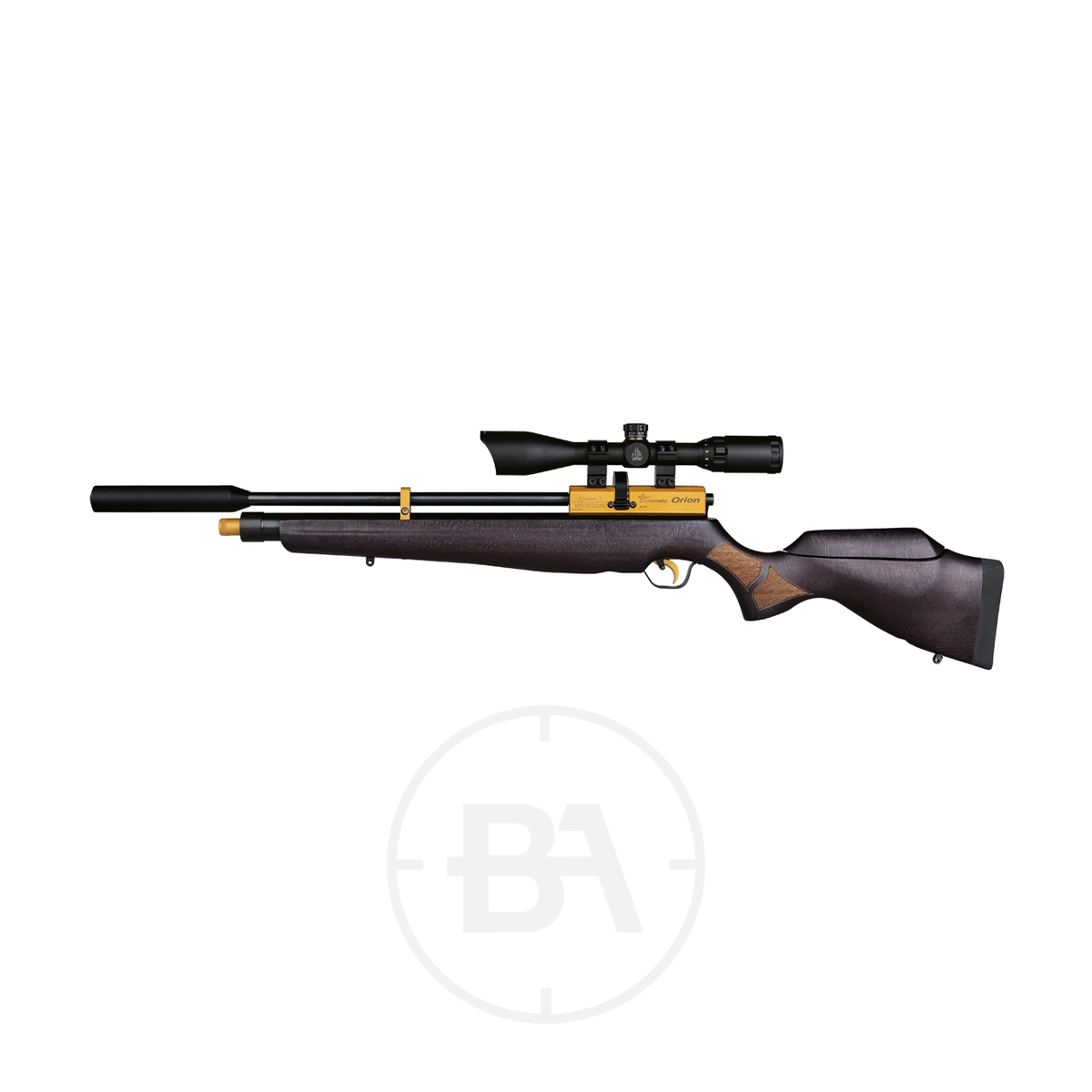 Cometa Orion Gold PCP Air Rifle 3 A Cometa Orion Gold PCP Air Rifle with a black and gold finish, wooden stock, mounted scope, and silencer is displayed on a white background.